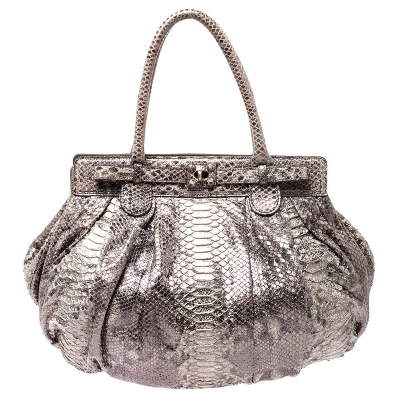 Zagliani Cream/Black Metallic Python Puffy Hobo