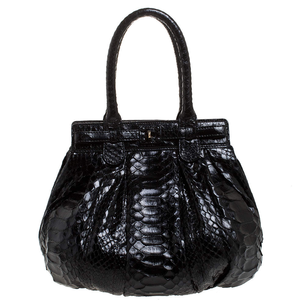 Pre Owned Zagliani Black Python Small Puffy Bag