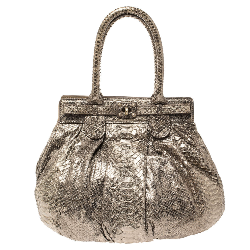 Zagliani Metallic Python Small Puffy Hobo