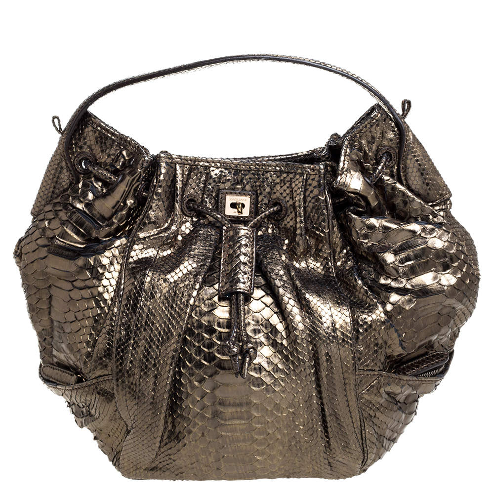 Zagliani Metallic Green Python Drawstring Hobo