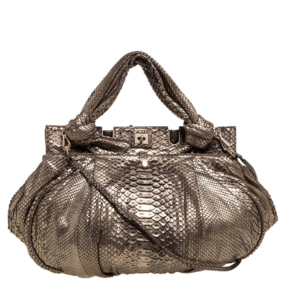 Zagliani Metallic Light Gold Python Knotted Handle Hobo