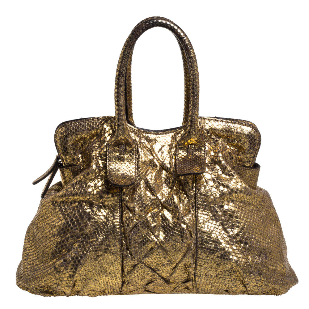 Zagliani Metallic Gold Python Top Zip Tote