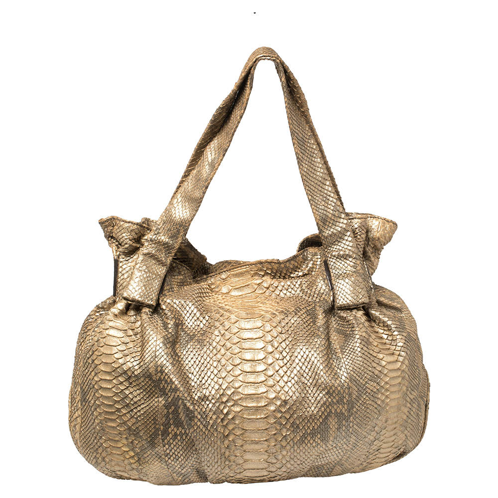 Pre Owned Zagliani Gold Metallic Python Pleated Shoulder Bag