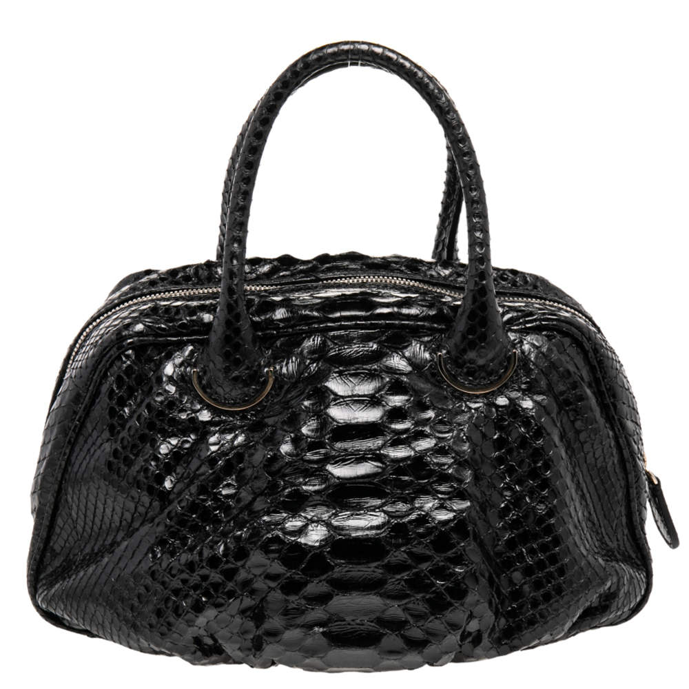 Zagliani Black Python Leather Zip Satchel