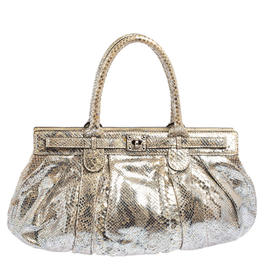 Zagliani Metallic Silver/Gold Python Puffy Satchel