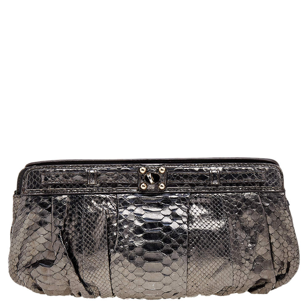 Zagliani Metallic Gunmetal Python Leather Clutch 