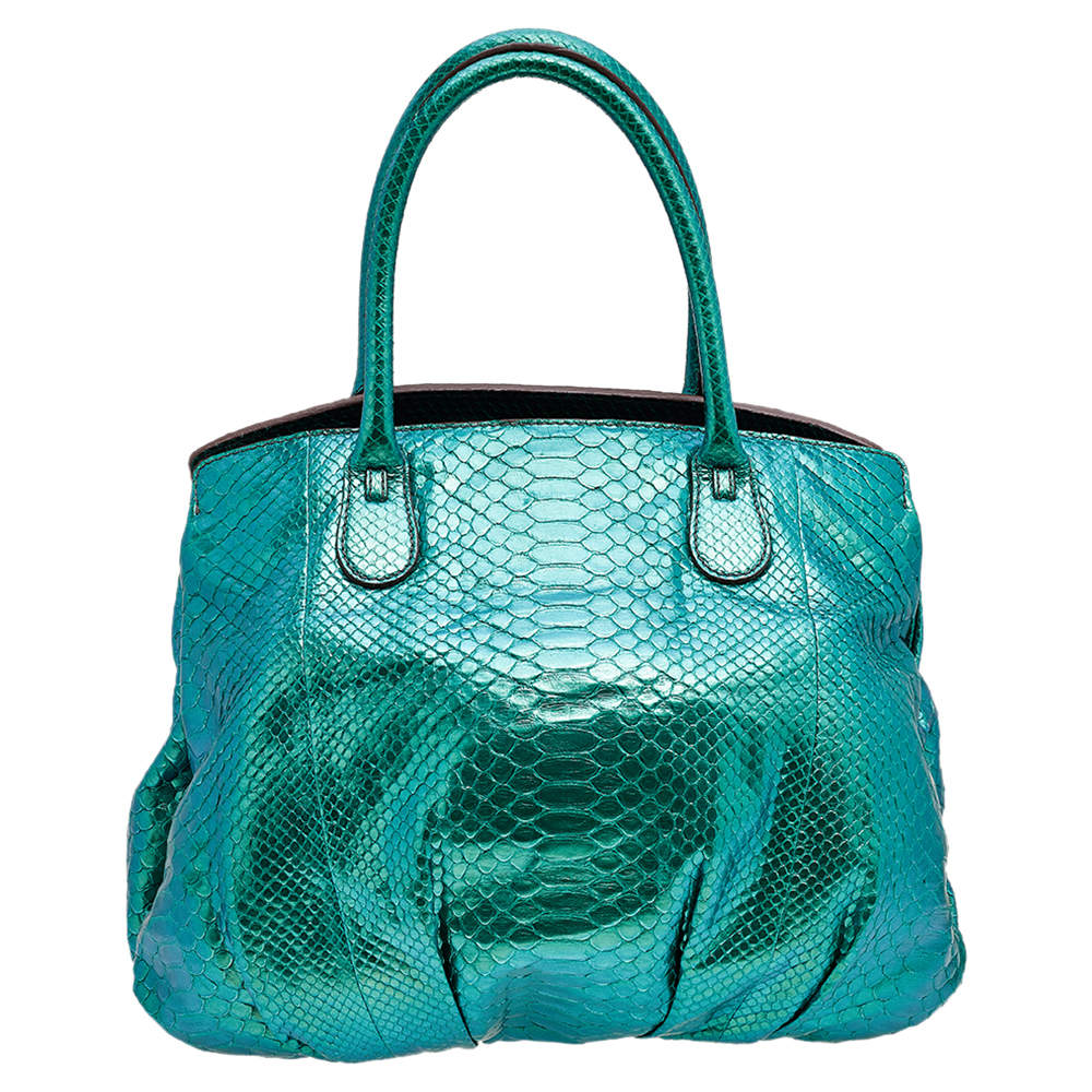 Zagliani Metallic Green Python Top Zip Tote