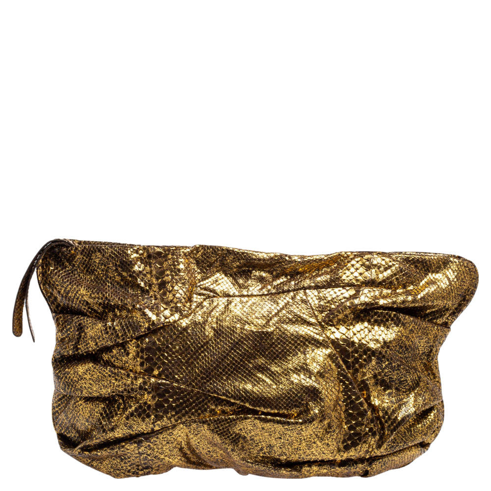 Zagliani Metallic Gold Python Oversized Clutch