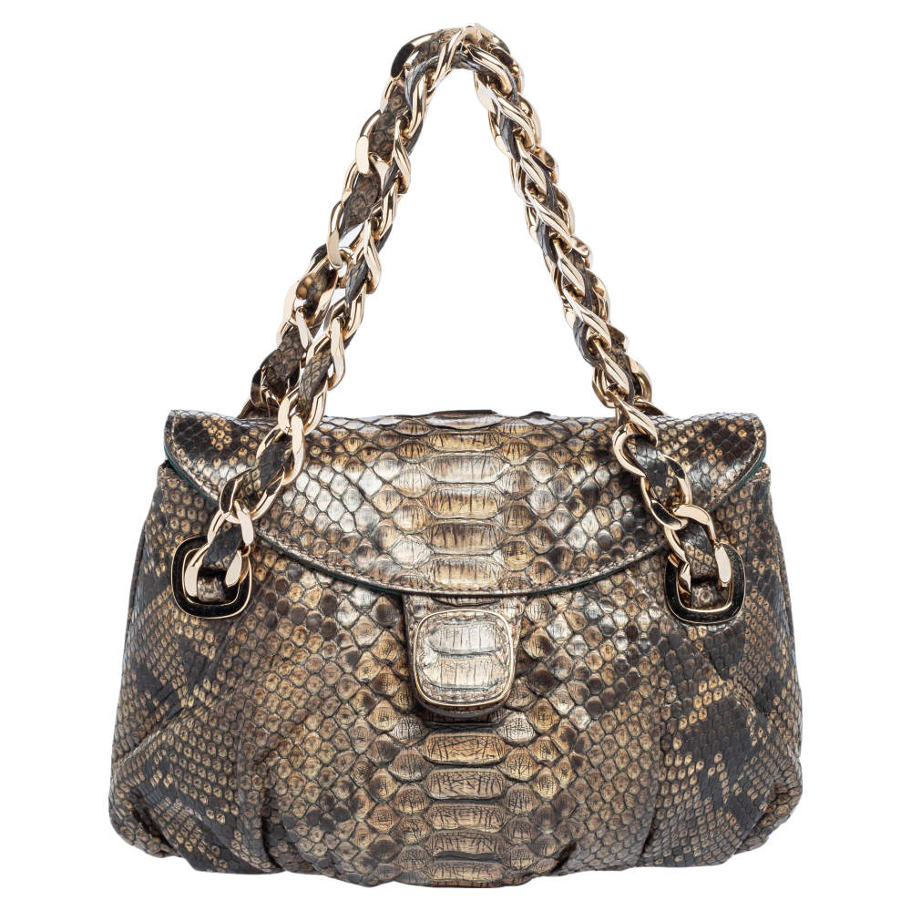 Zagliani Brown Python Flap Chain Shoulder Bag