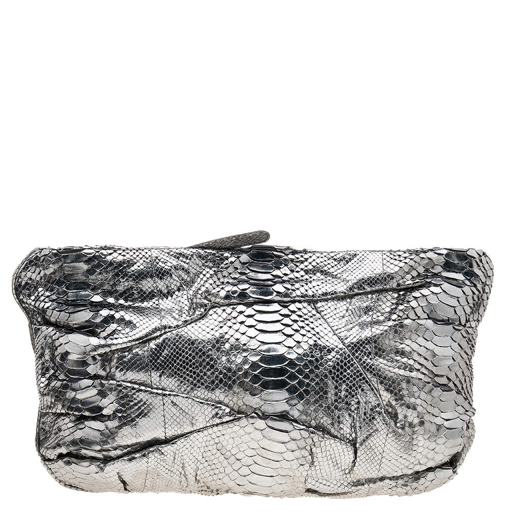 Zagliani Metallic Silver Python Leather Oversized Clutch