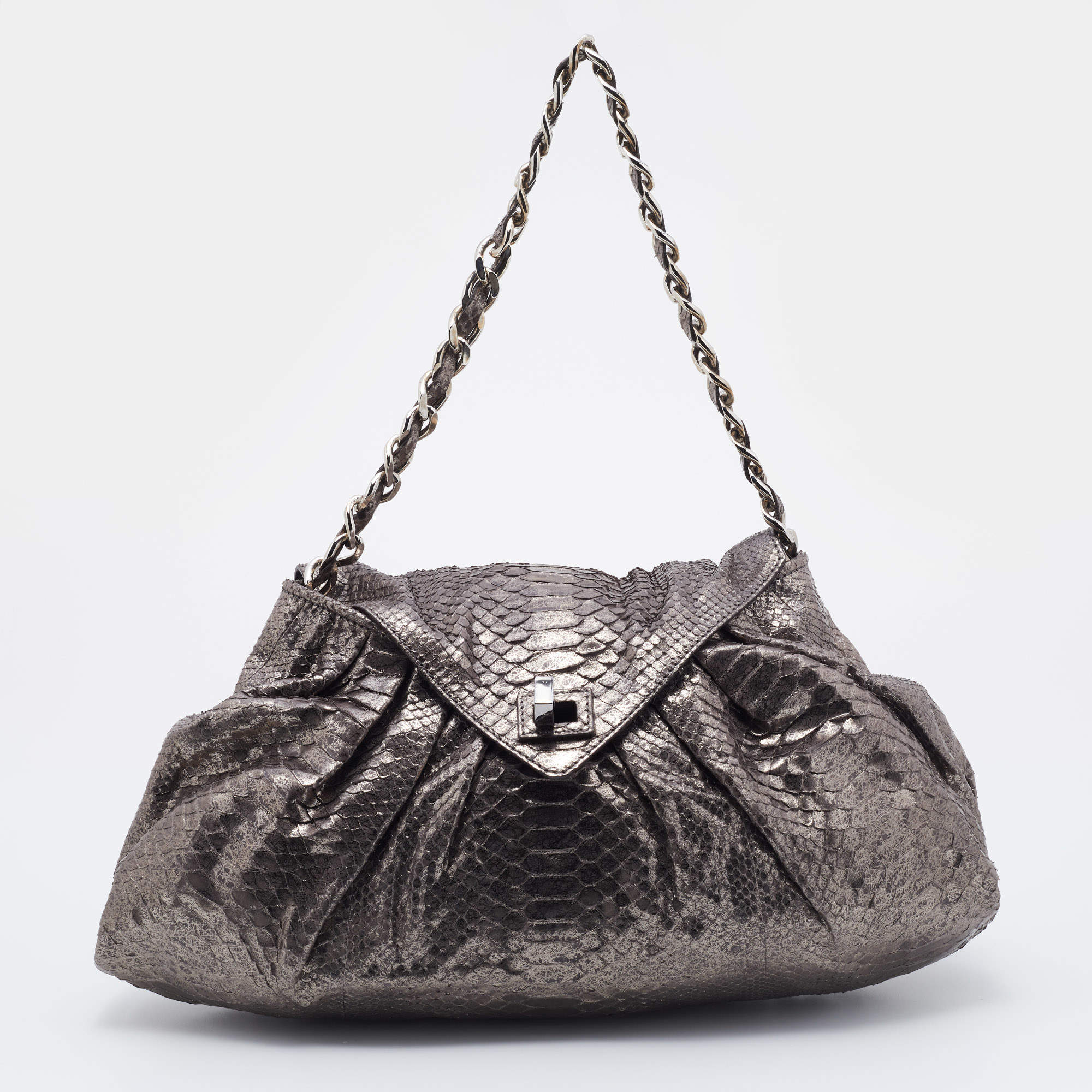 Zagliani Metallic Gunmetal Python Envelope Shoulder Bag