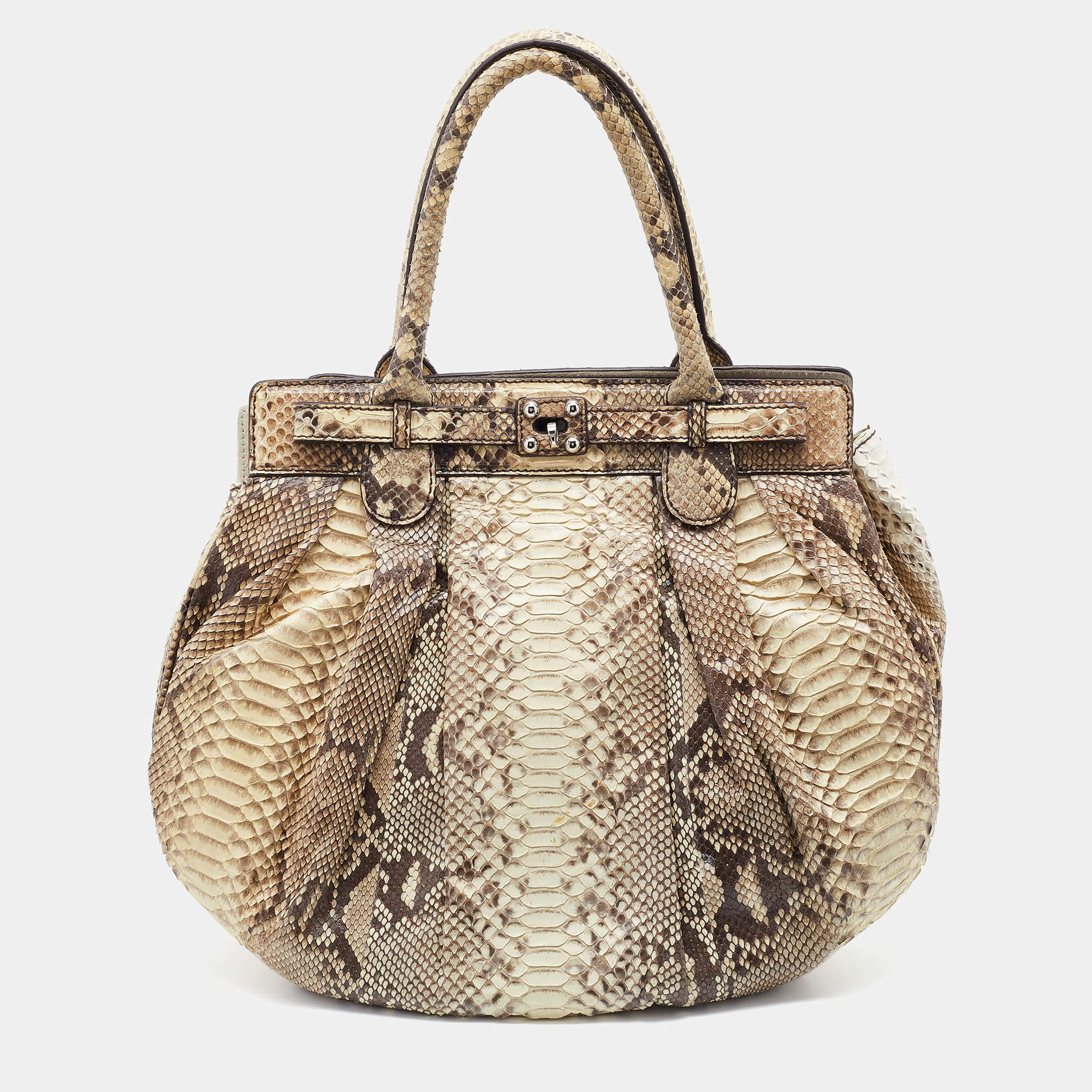 Pre Owned Zagliani Cream/Brown Python Leather Puffy Satchel