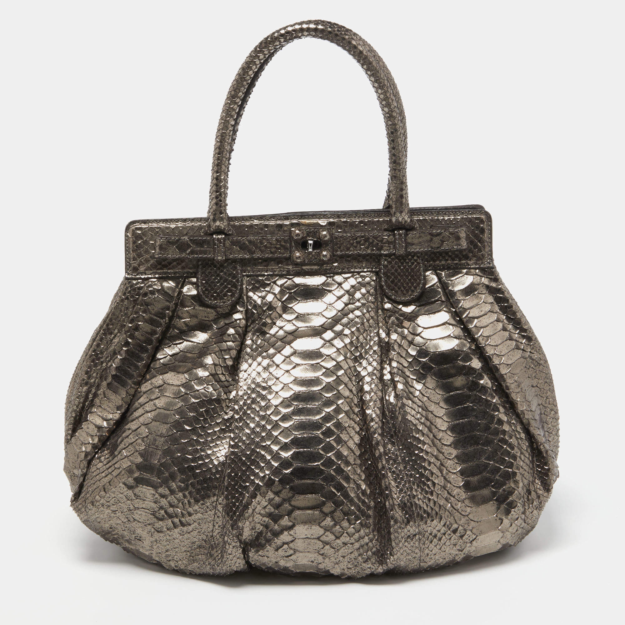 Zagliani Metallic Silver Python Puffy Hobo