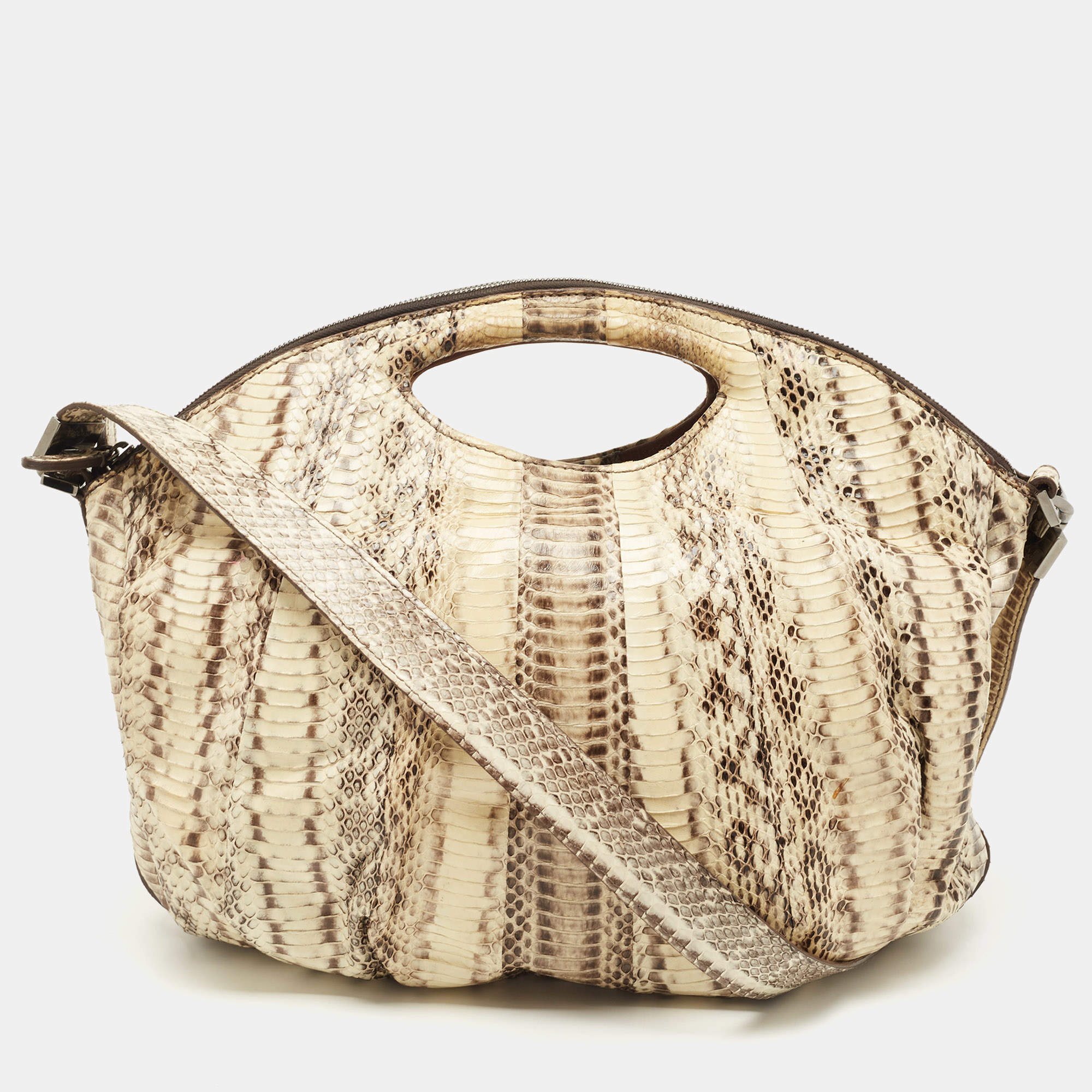 Zagliani Cream/Black Watersnake Leather Cut Out Handle Hobo
