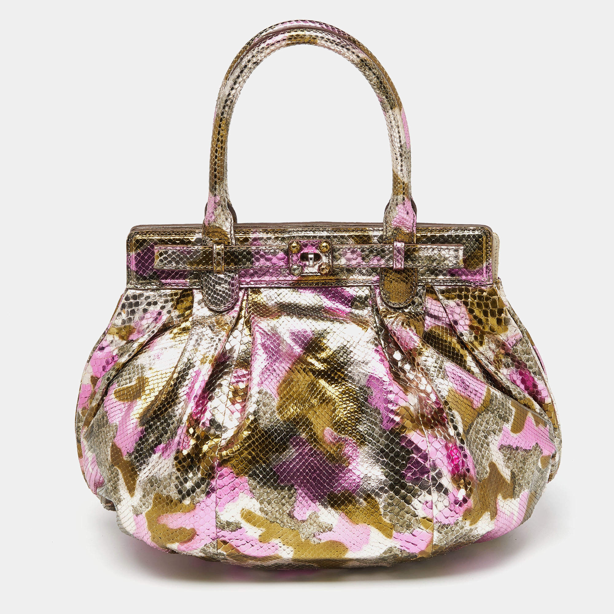 Pre Owned Zagliani Metallic Pink/Gold Python Puffy Hobo