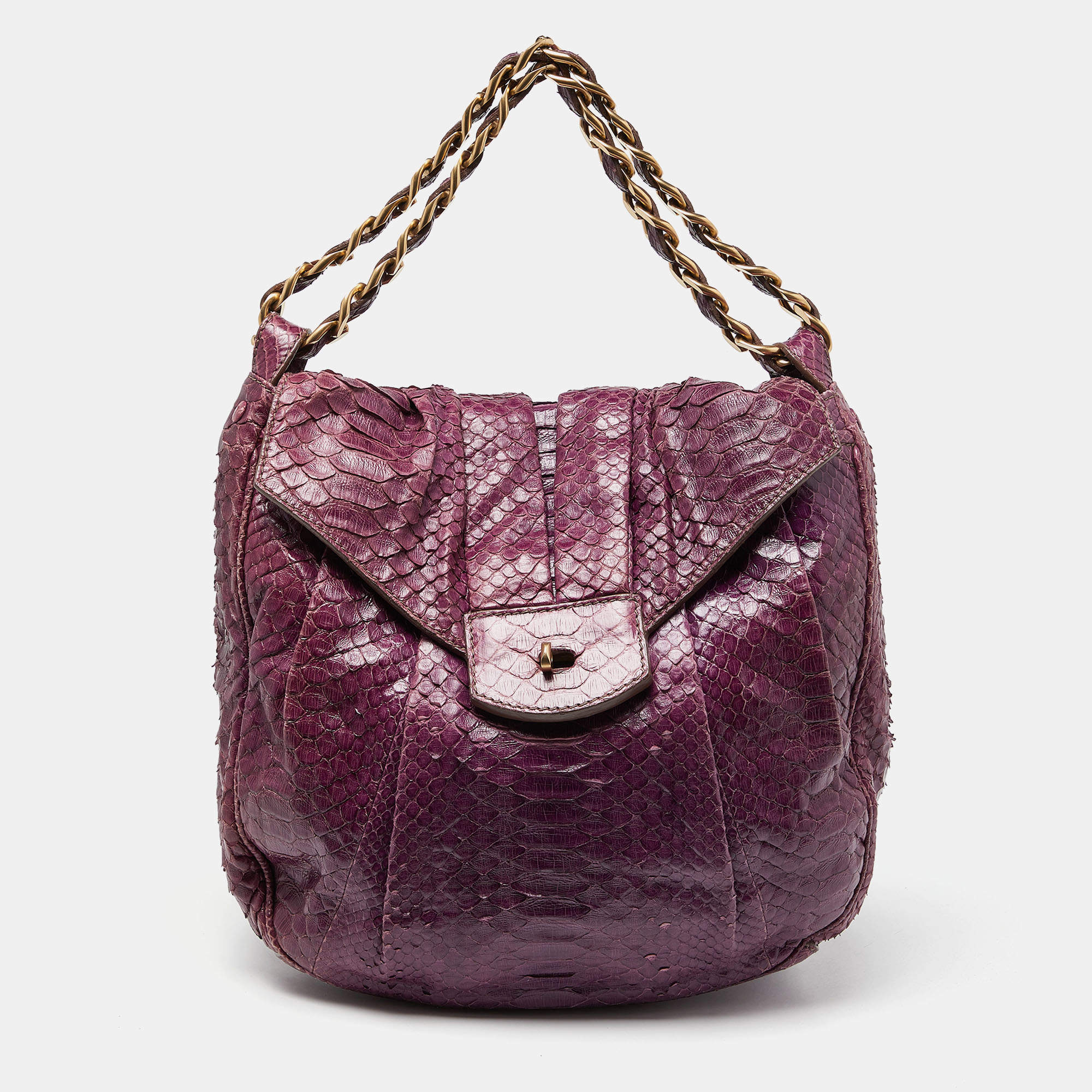 Pre Owned Zagliani Purple Python Leather Chain Hobo