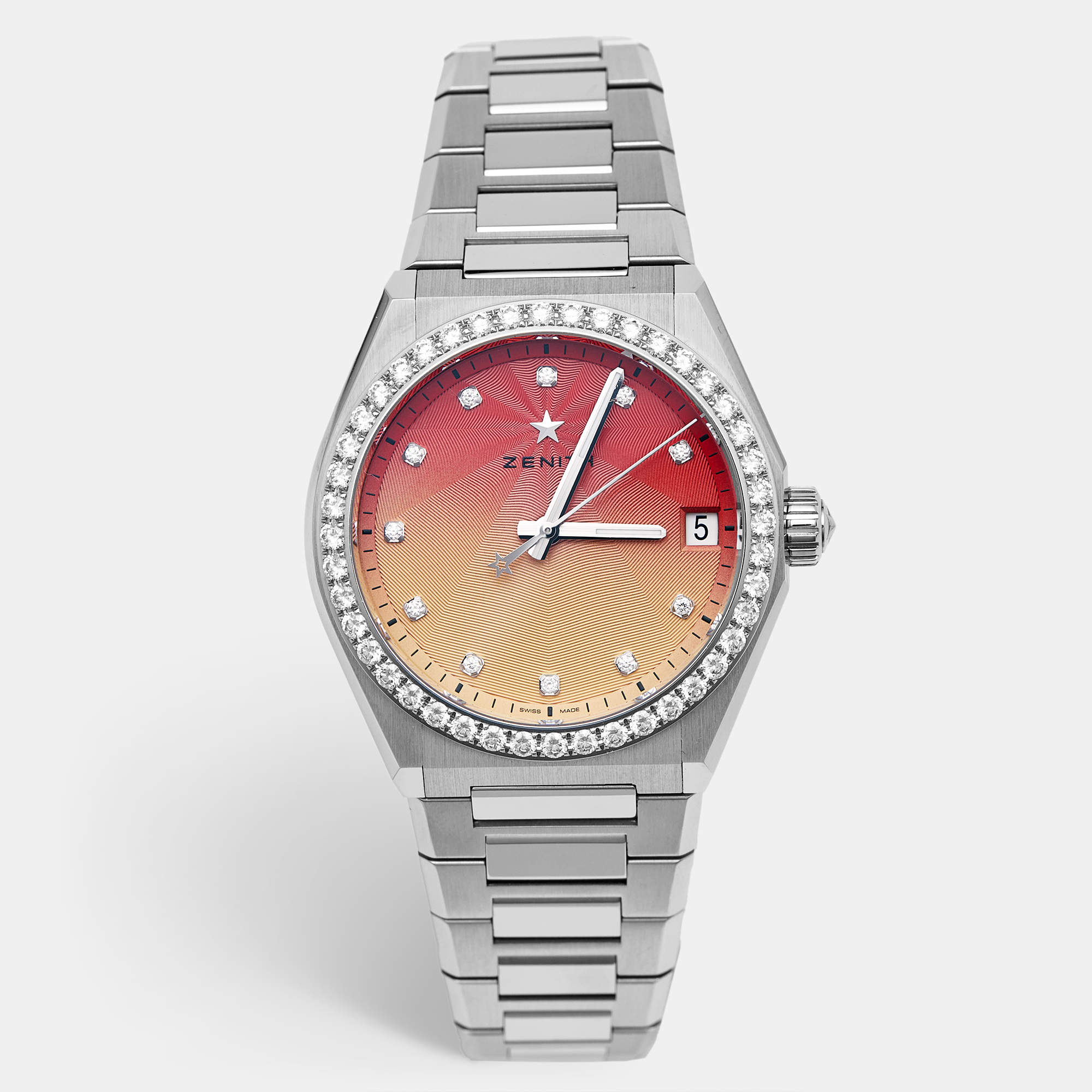 مملوكة مسبقًا ساعة يد نسائية زينث ديفاي ميدنايت ستانلس ستيل أحمر إلى أصفر متدرج مرصعة بالألماس 36 مم