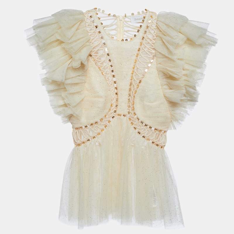 Pre Owned Zimmermann Cream Embellished Glitter Tulle Dancer Ruffled Top XS