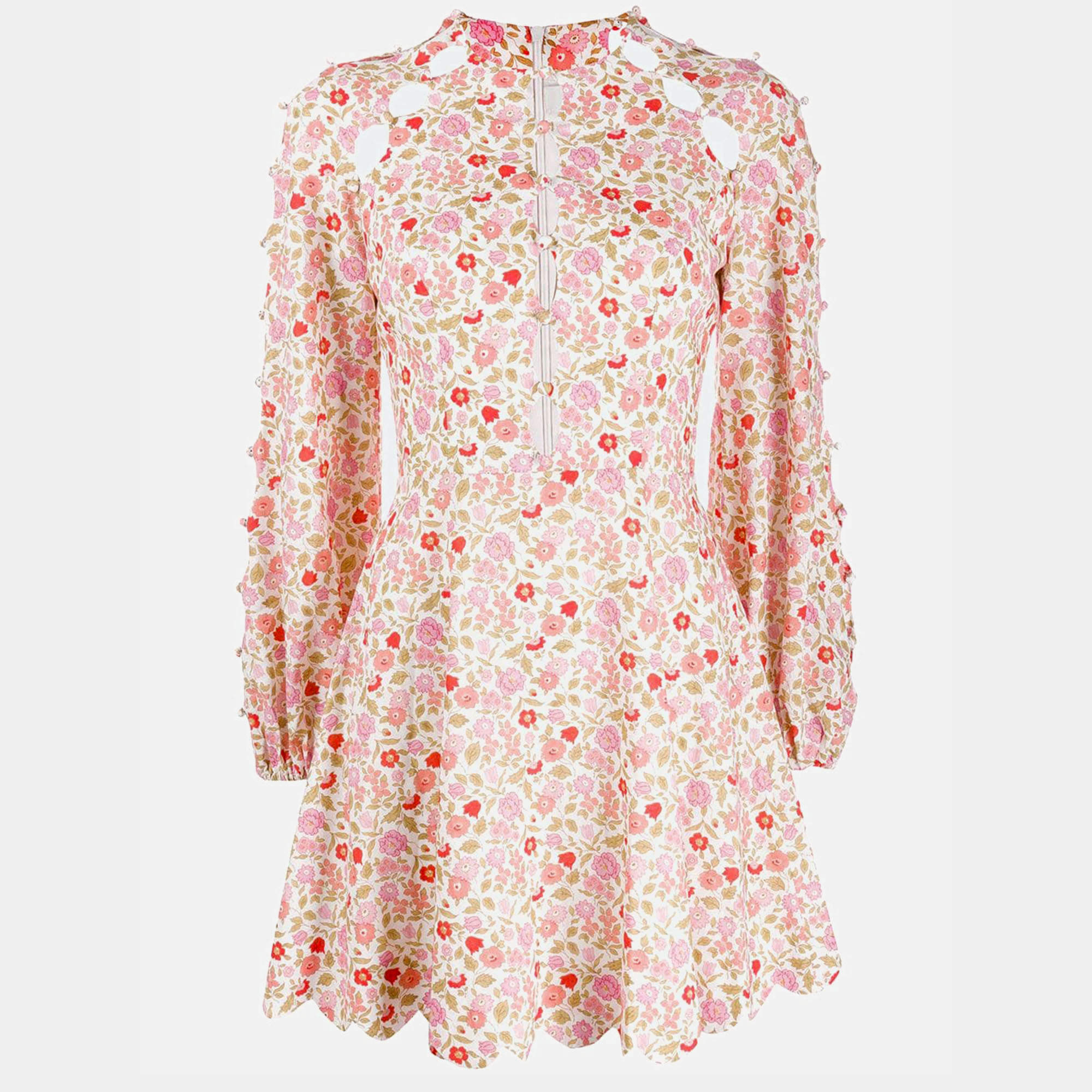 Zimmermann White Floral Print Linen & Cotton Scallop Short Dress S