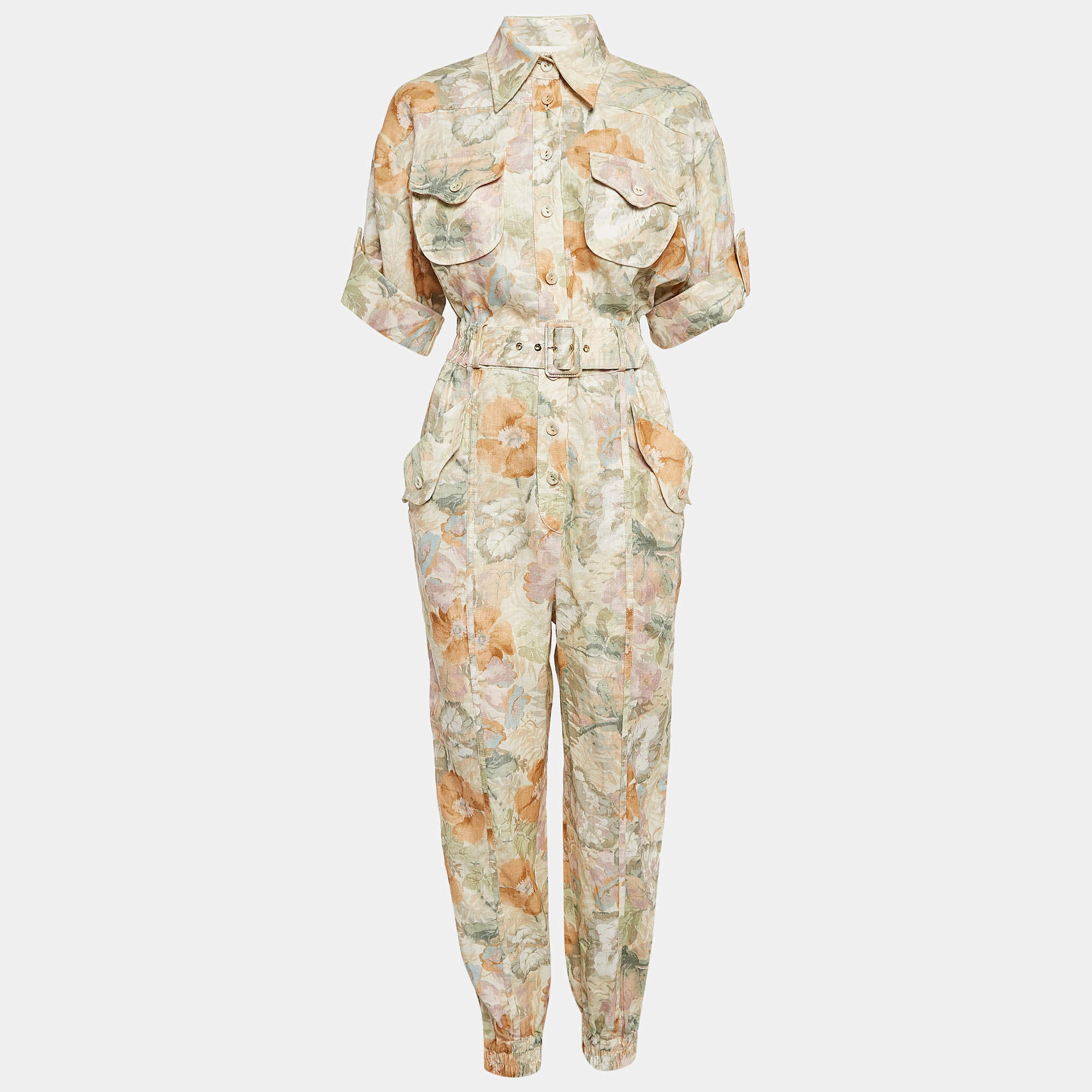Zimmermann Beige Floral Print Linen Belted Jumpsuit S