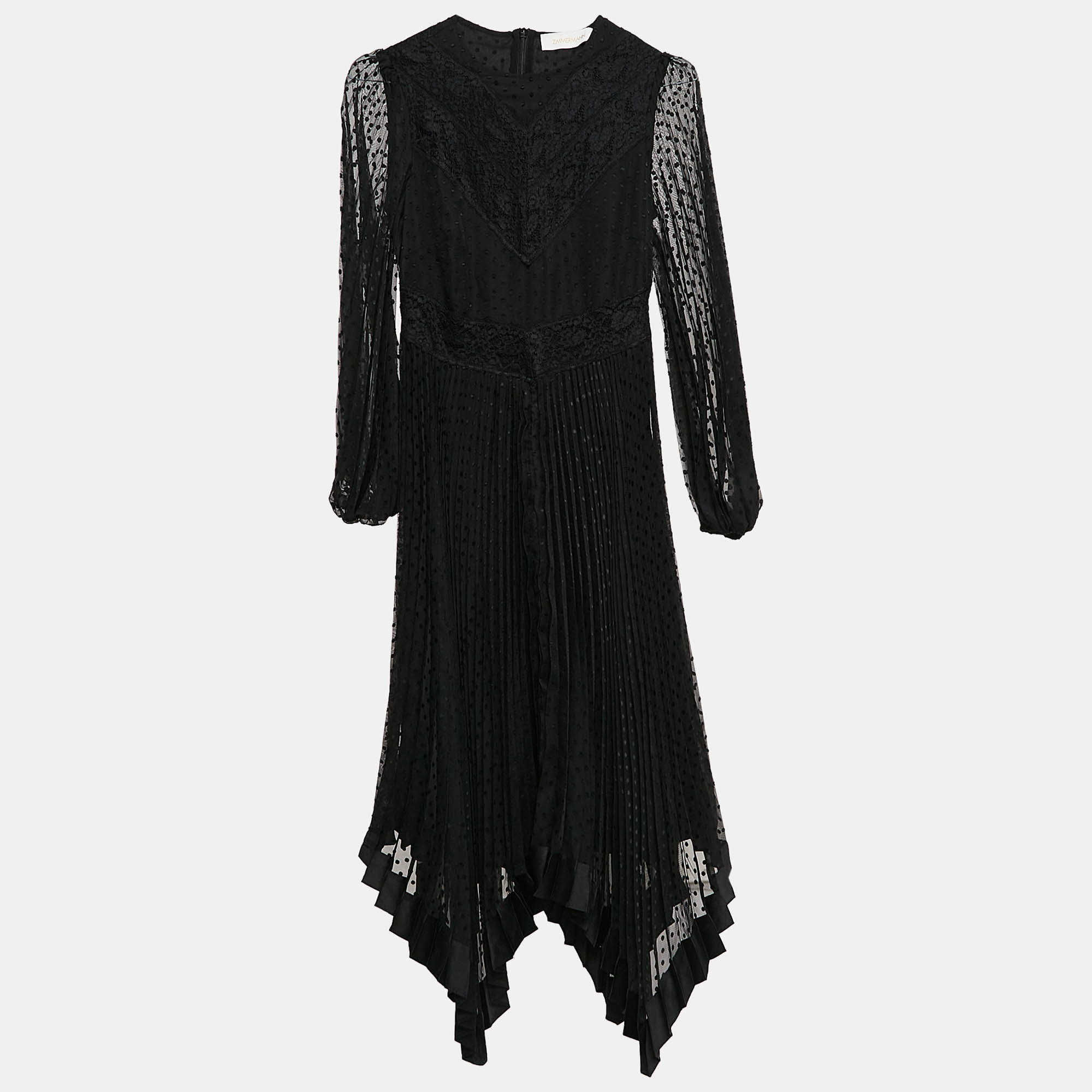 Pre Owned Zimmermann Black Swiss Dots Lace and Chiffon Plisse Espionage Midi Dress S