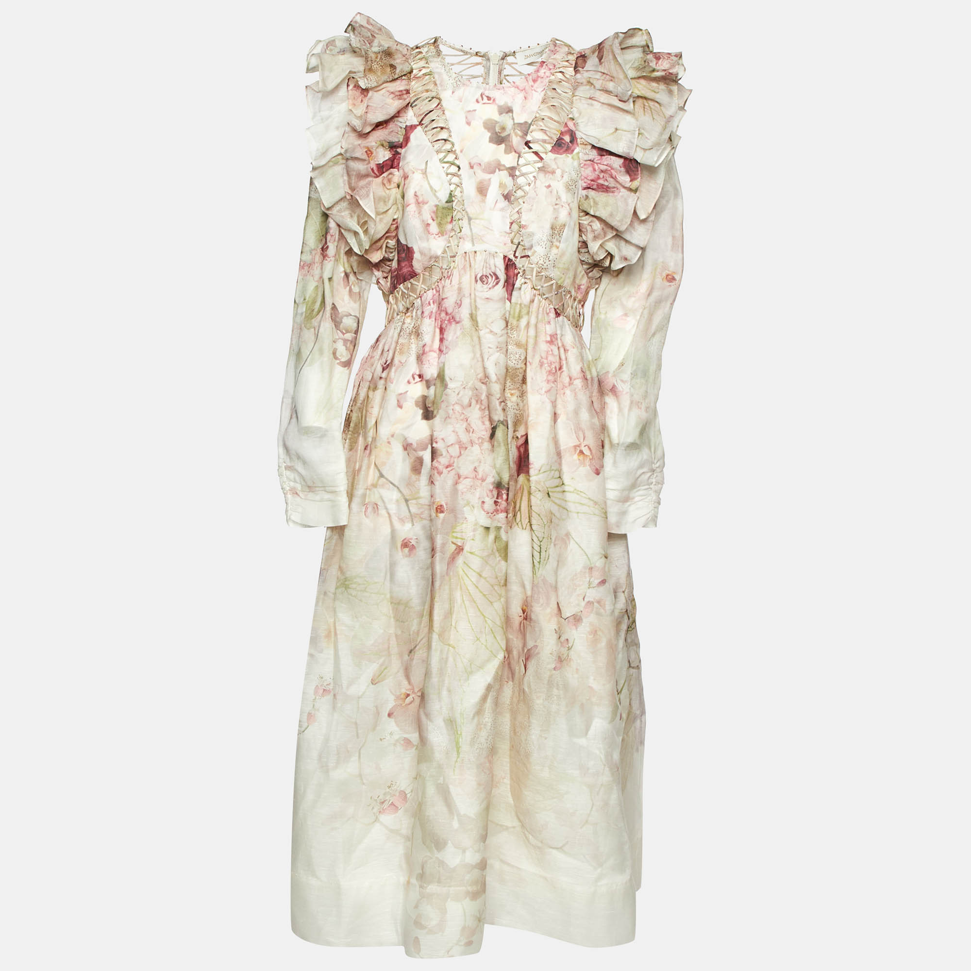 Pre Owned Zimmermann Pink Floral Print Linen & Silk Organza Dancer Midi Dress L