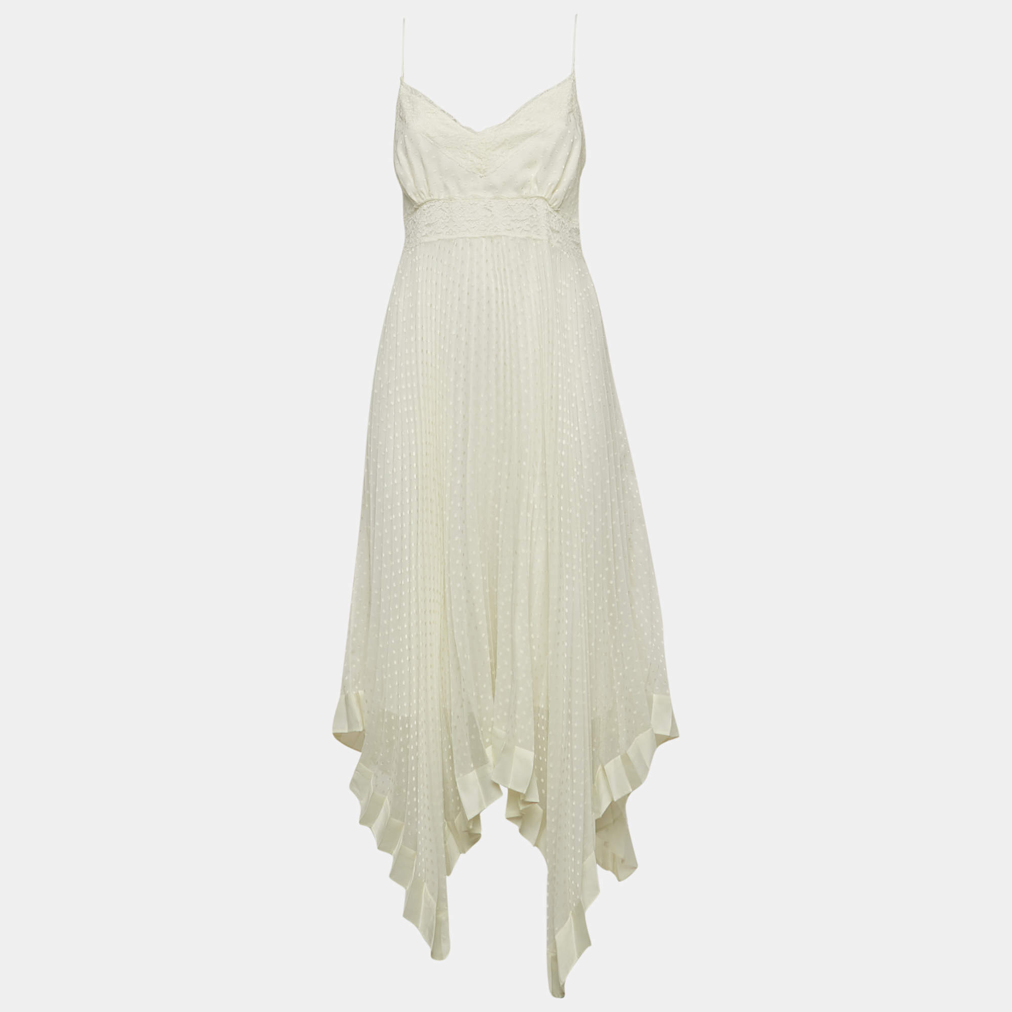 مملوكة مسبقًا Zimmermann Ivory White Lace-Trim Chiffon Pleated Espionage Midi Dress L