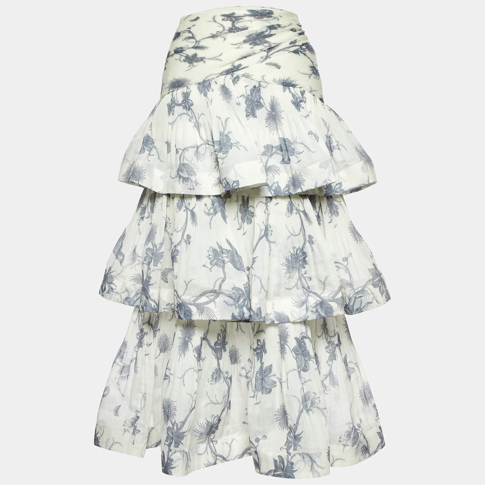 Zimmermann Kiera Navy Printed Silk Plisse Tiered Midi Skirt S