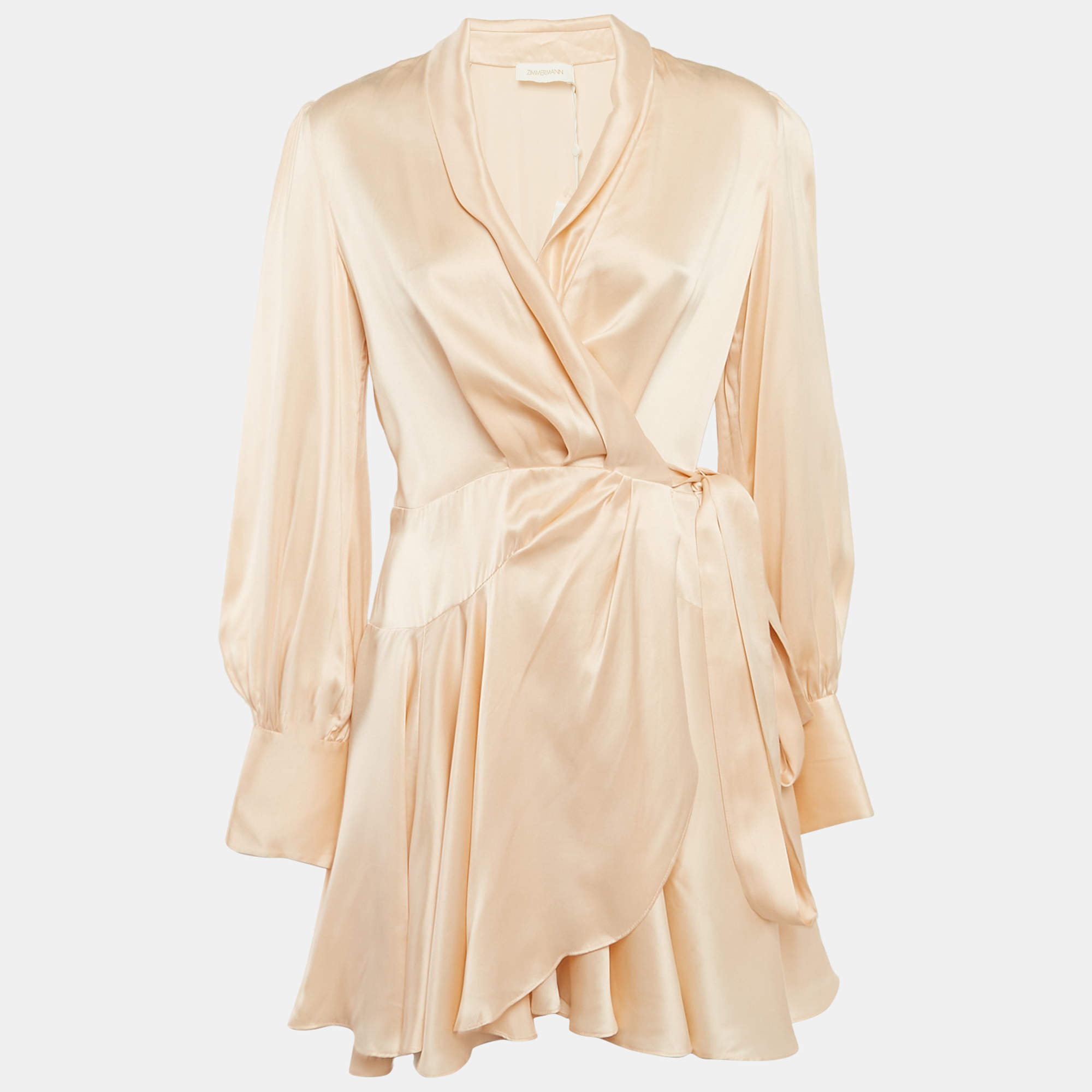 Pre Owned Zimmermann Beige Silk Satin Blouson Sleeve Asymmetric Mini Wrap Dress S