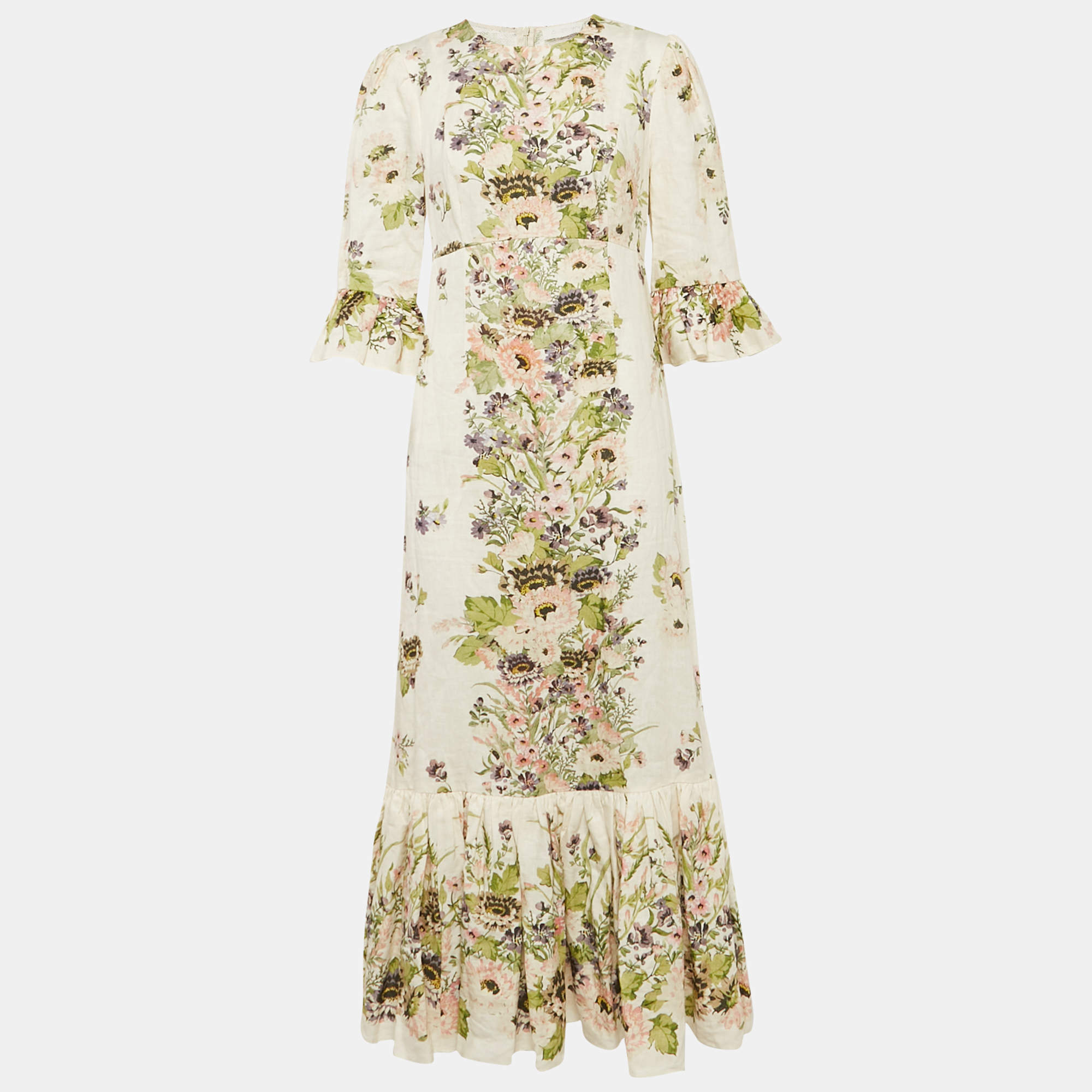 Zimmermann White Floral Print Linen Halliday Frill Sleeve Dress M
