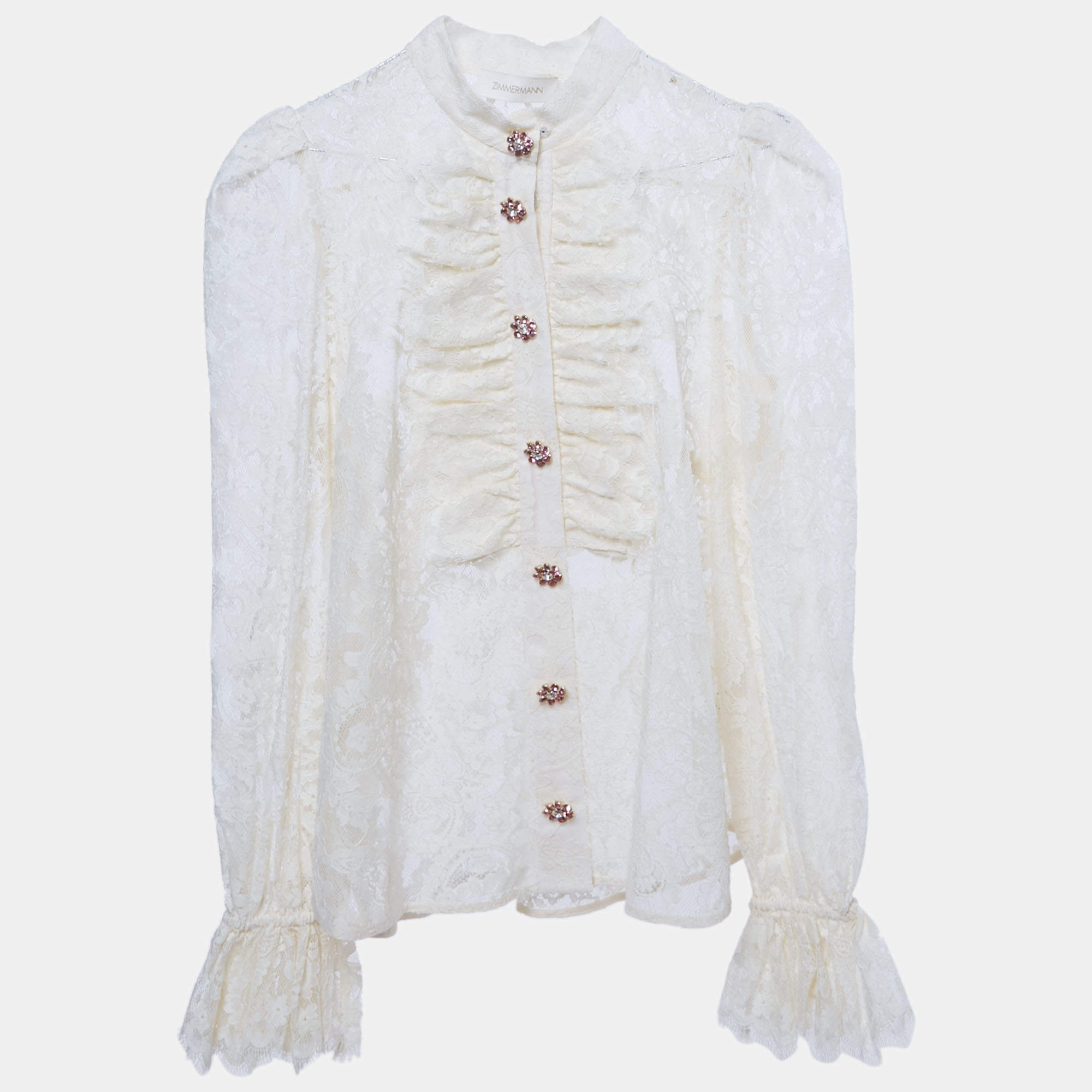 Pre Owned Zimmermann Cream Lace Ruffled Sheer Blouse M