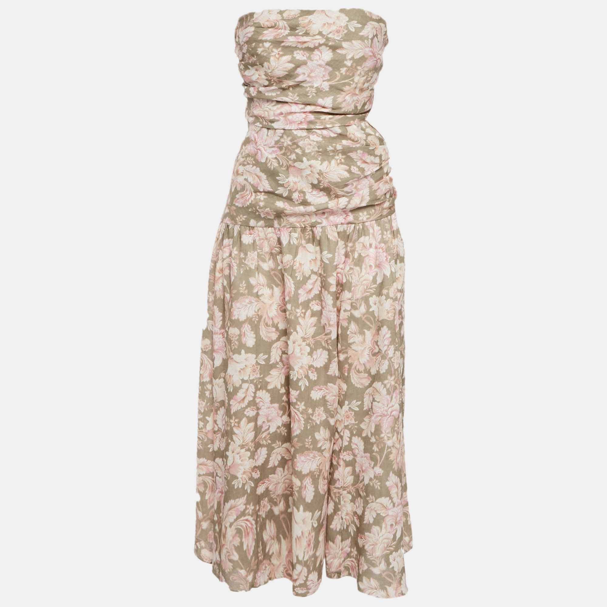 Pre Owned Zimmermann Green Printed Linen Lyre Wrap Tie Side Midi Dress L