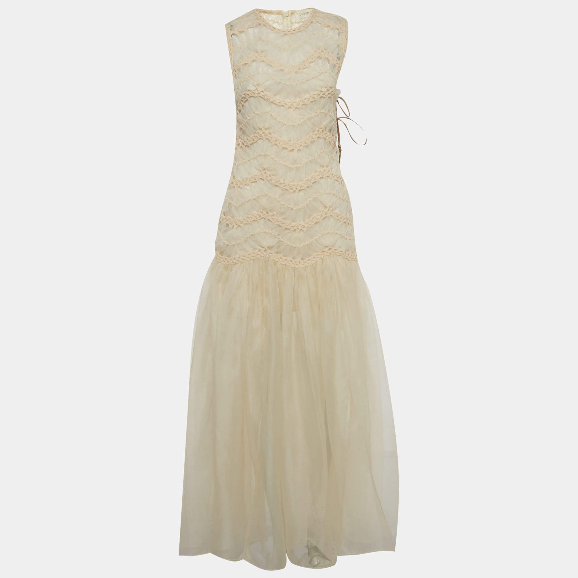 Pre Owned Zimmermann Cream Organza Illuminate Macrame Tulle Maxi Dress M