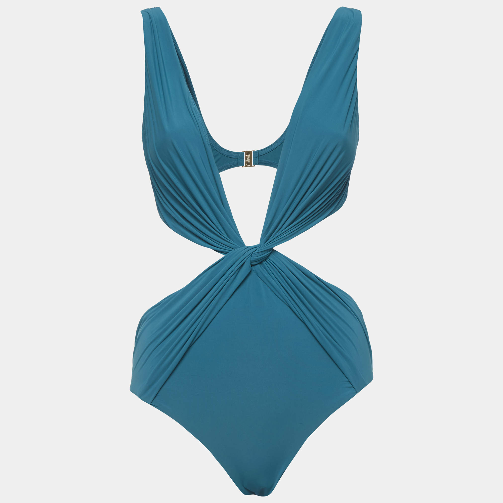 مملوكة مسبقًا Zimmermann Blue Jersey Acadian Twist Front Plunge Swimsuit M