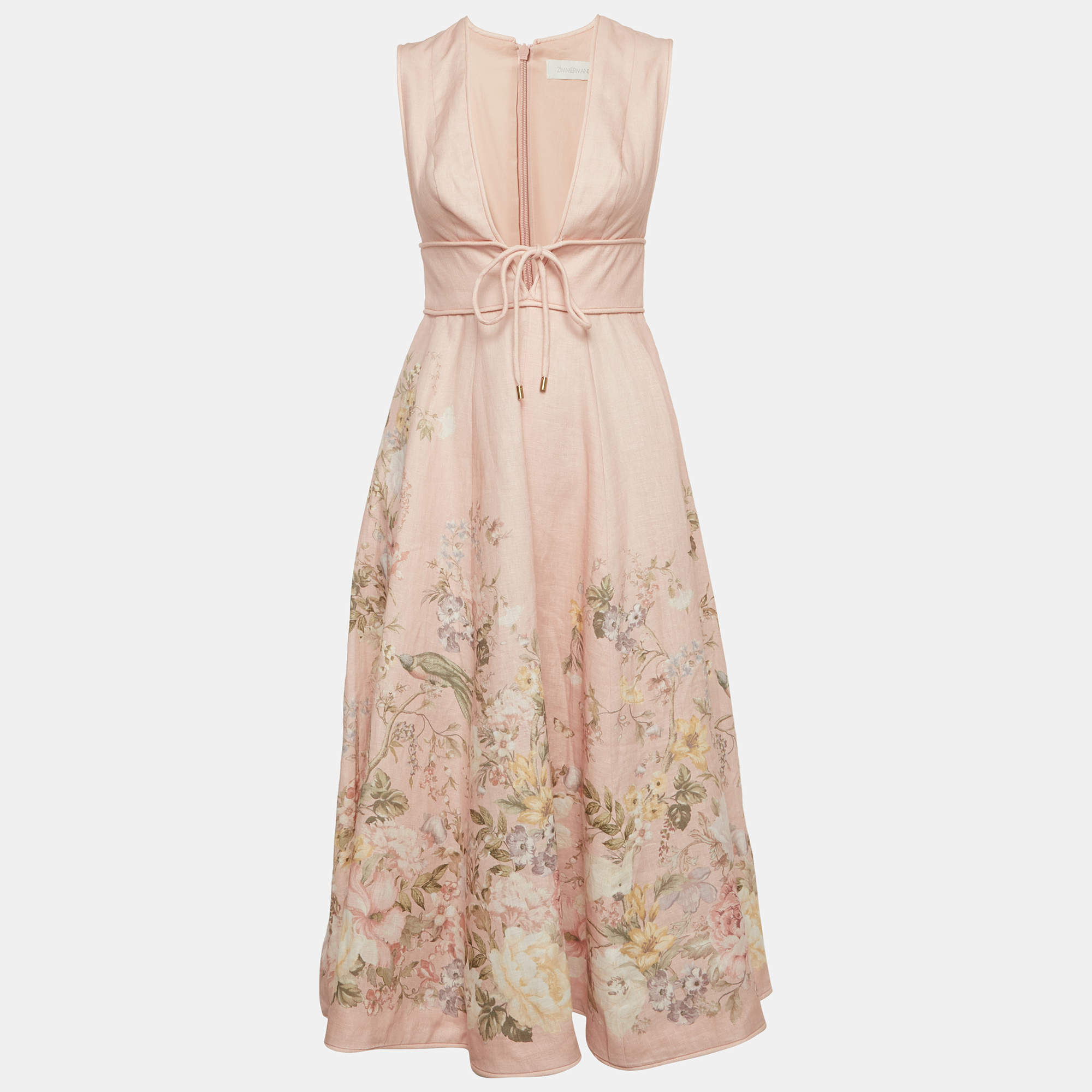 Pre Owned Zimmermann Pink Floral Linen Waverly Plunge Midi Dress XS