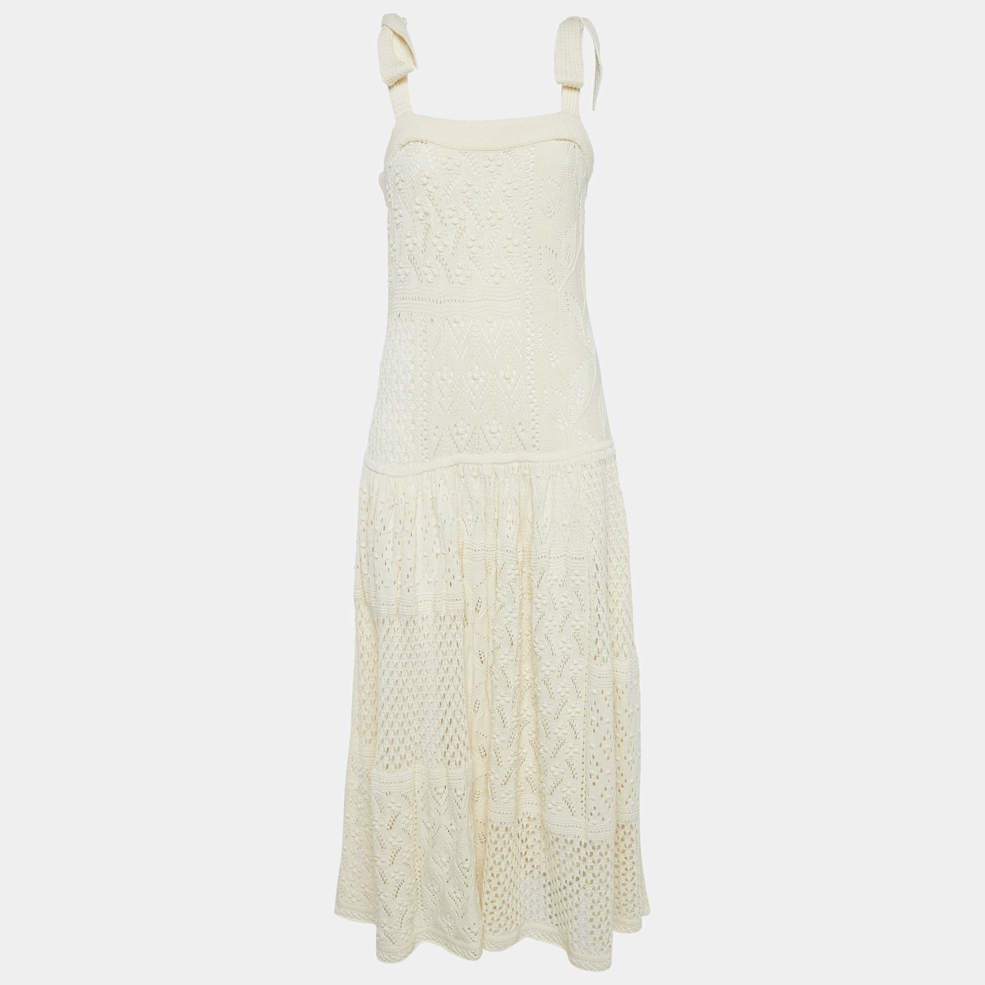 Pre Owned Zimmermann Cream Anneke Patchwork Knit Midi Dress S