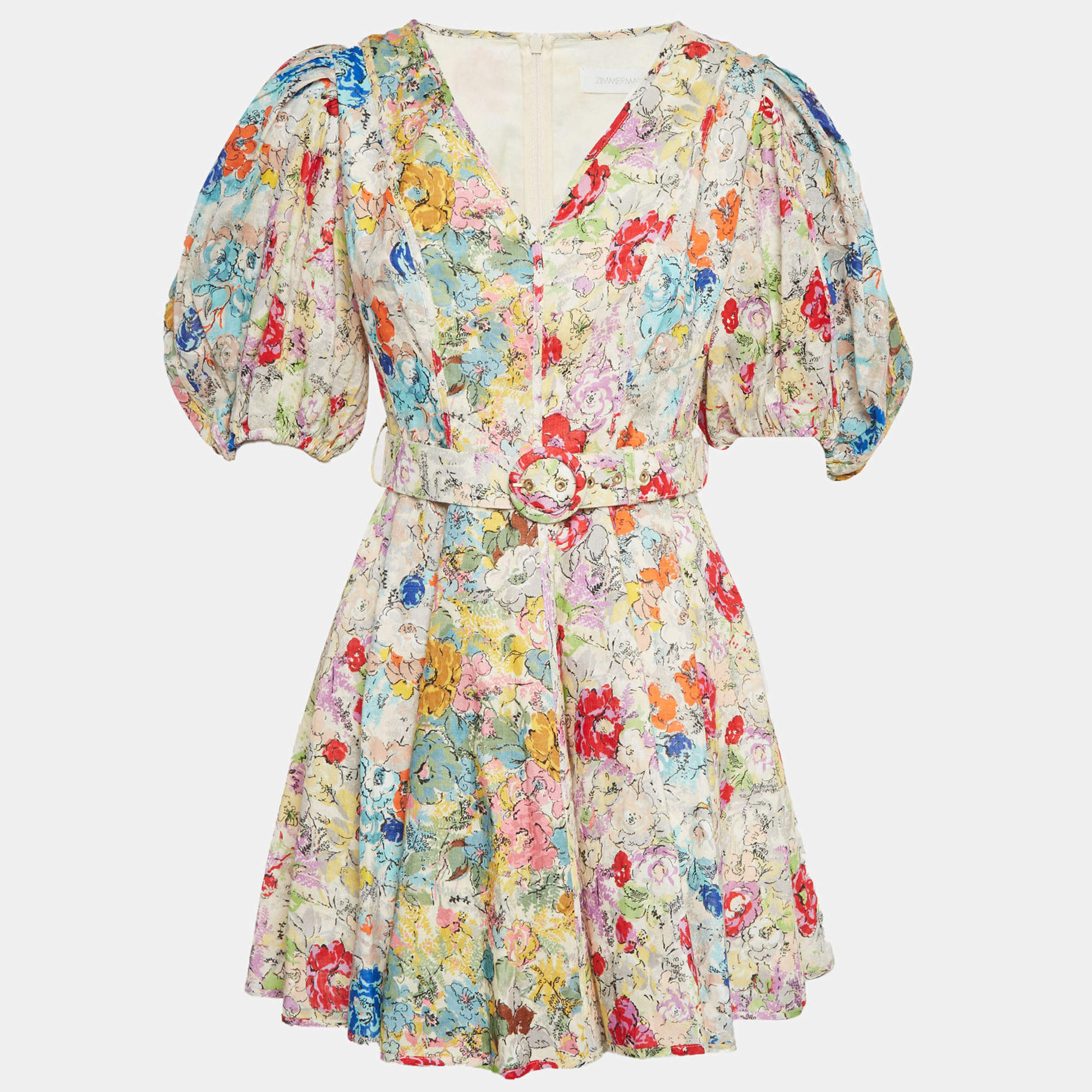 مملوكة مسبقًا Zimmermann Multicolor Printed Linen Belted Mini Dress M