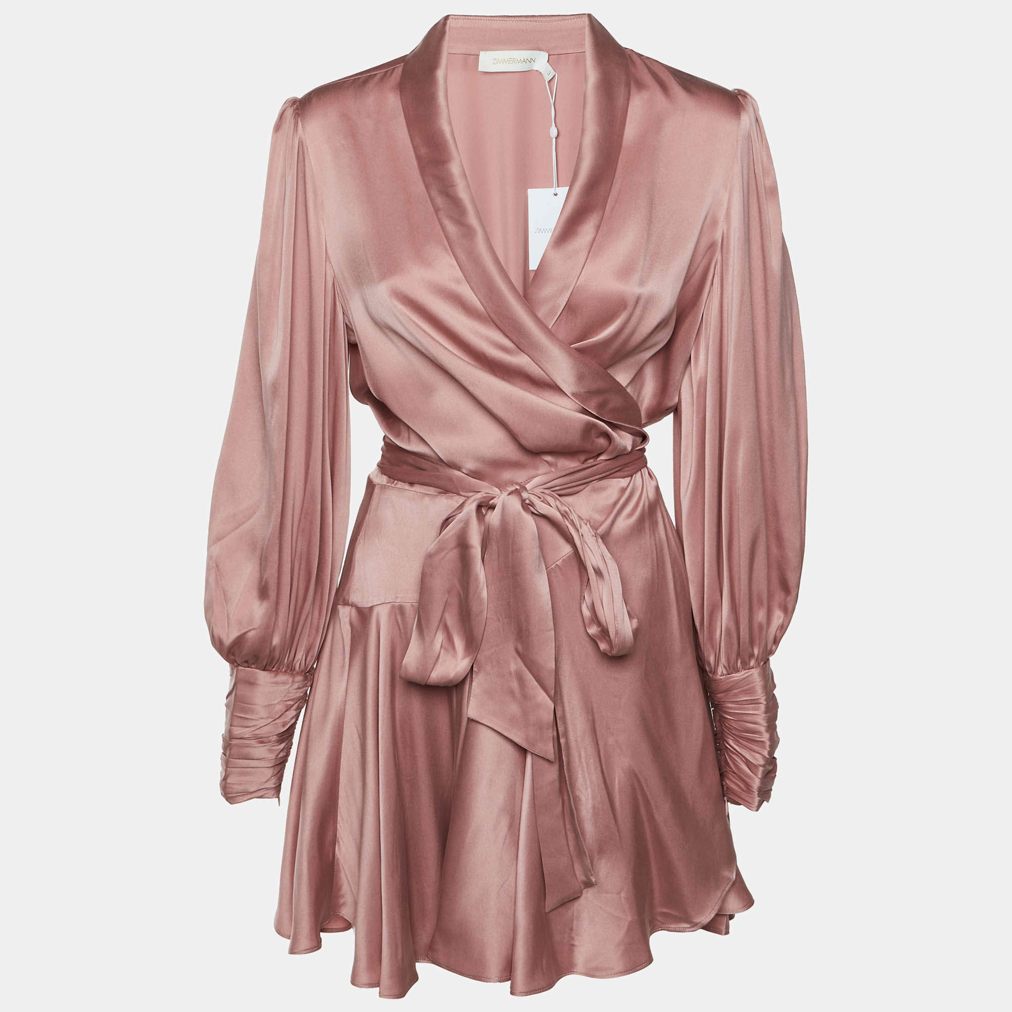 Pre Owned Zimmermann Pink Silk Satin Mini Wrap Dress L