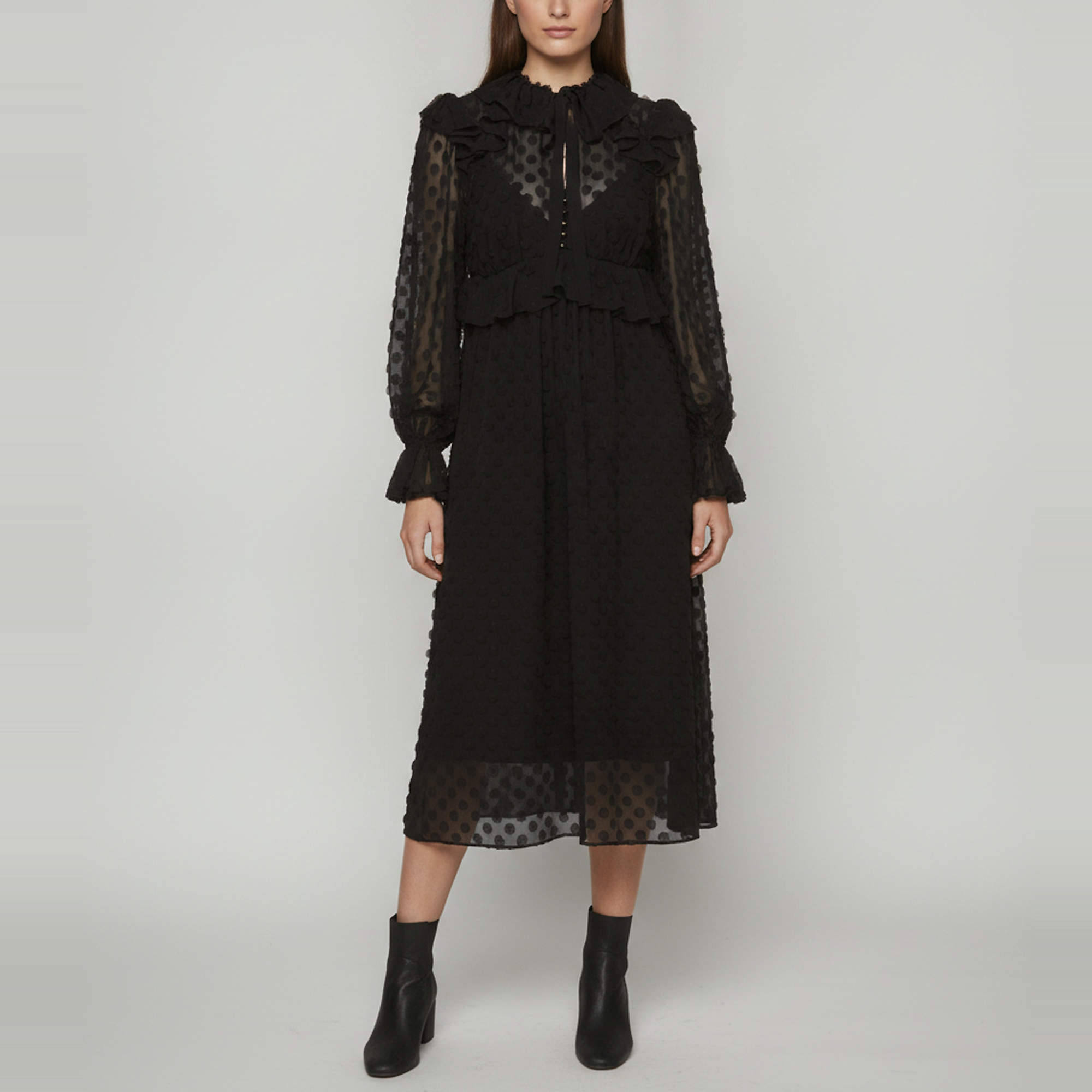 Pre Owned Zimmermann Black Polka Dot Applique Chiffon Ruffle Midi Dress L