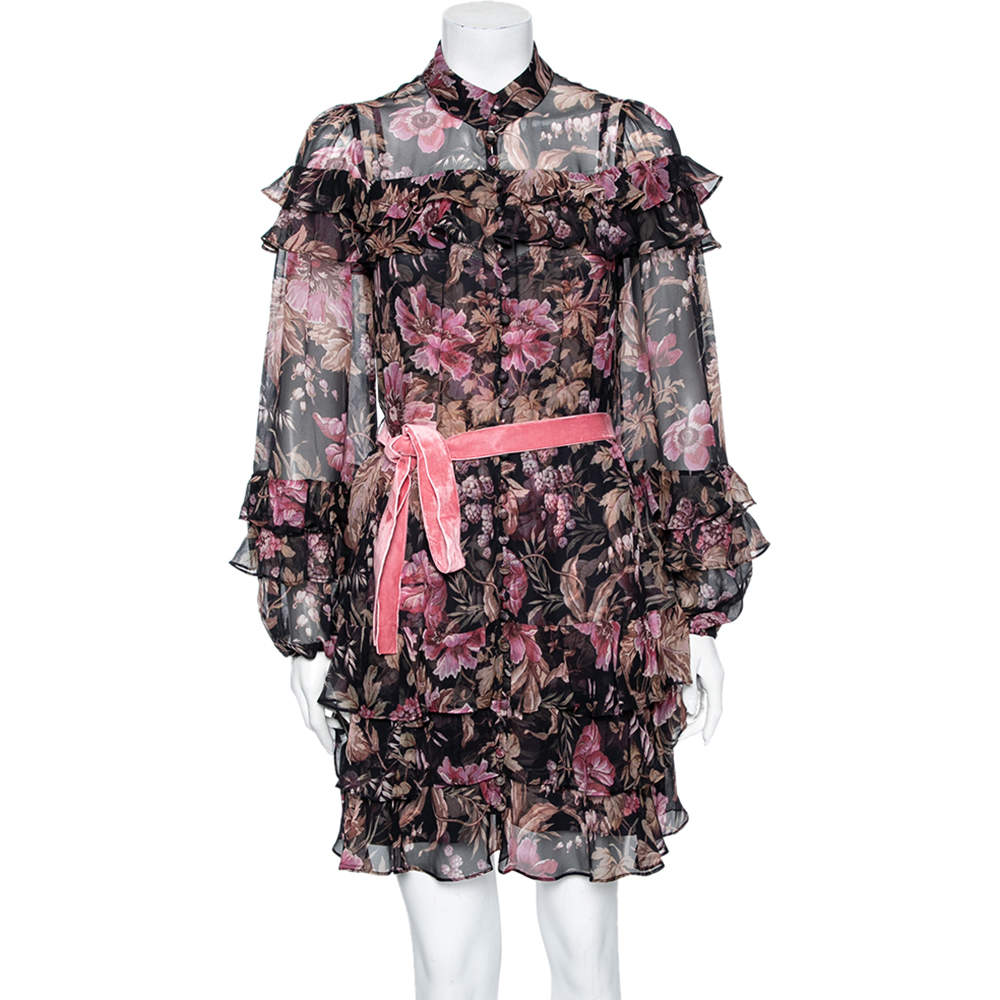Pre Owned Zimmermann Black Floral Printed Silk Ruffle Trim Tiered Lucky Belted Dress S