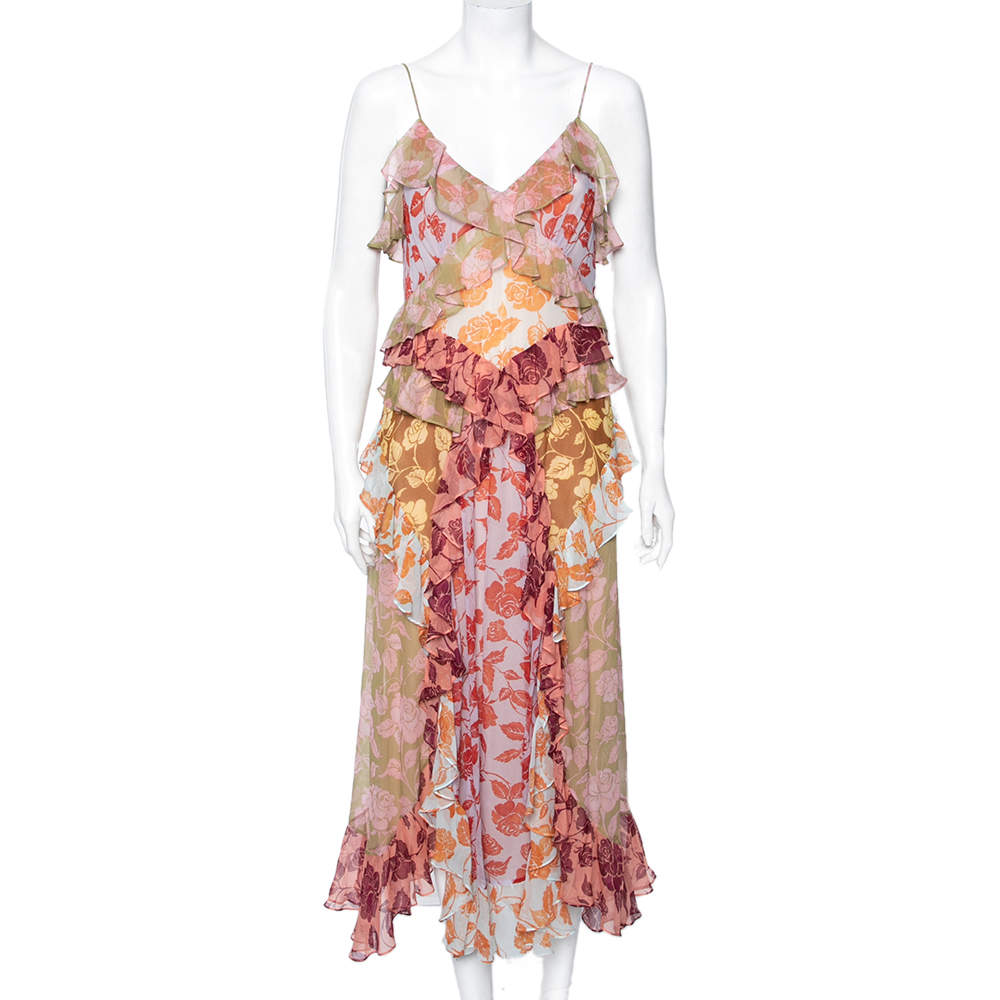 مملوكة مسبقًا Zimmermann Multicolor Rose Printed Silk Ruffled Lovestruck Slip Dress M