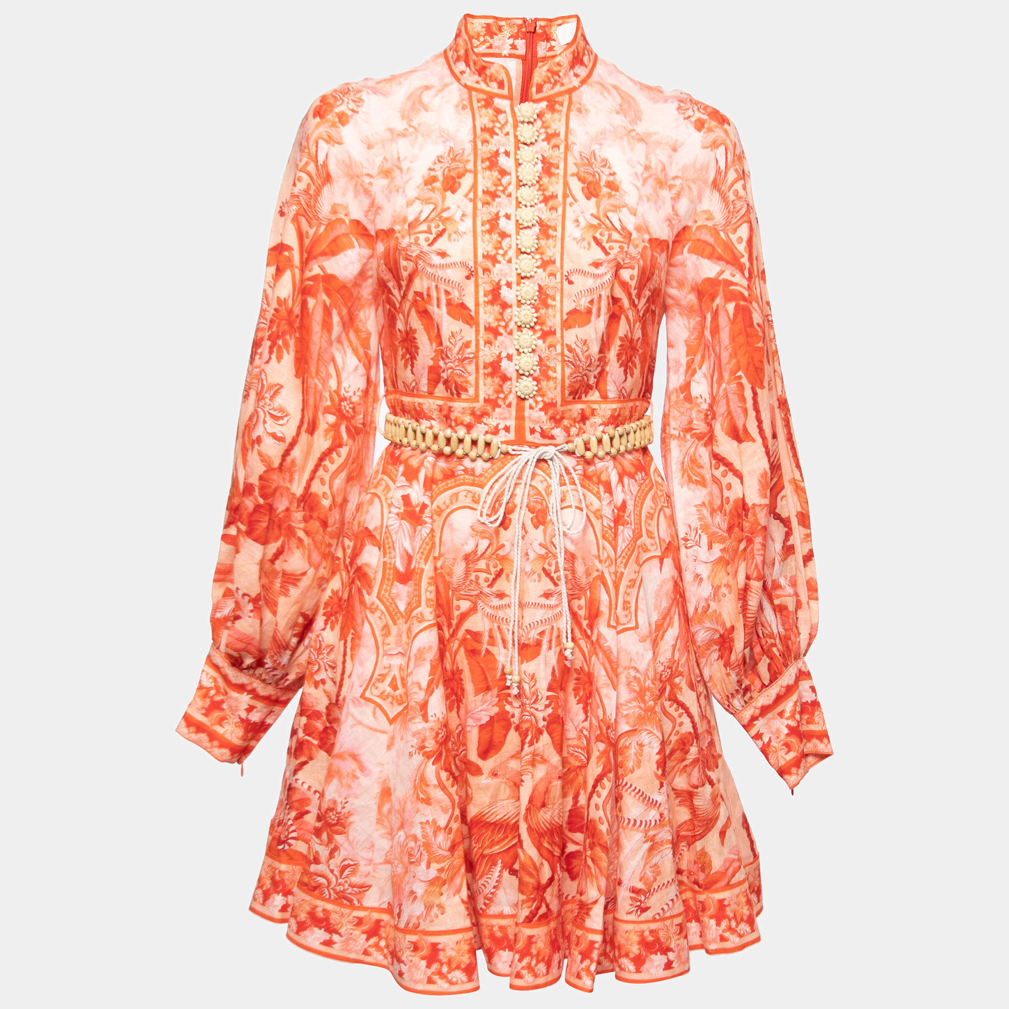 Zimmermann Red Printed Linen Belted Mini Dress M