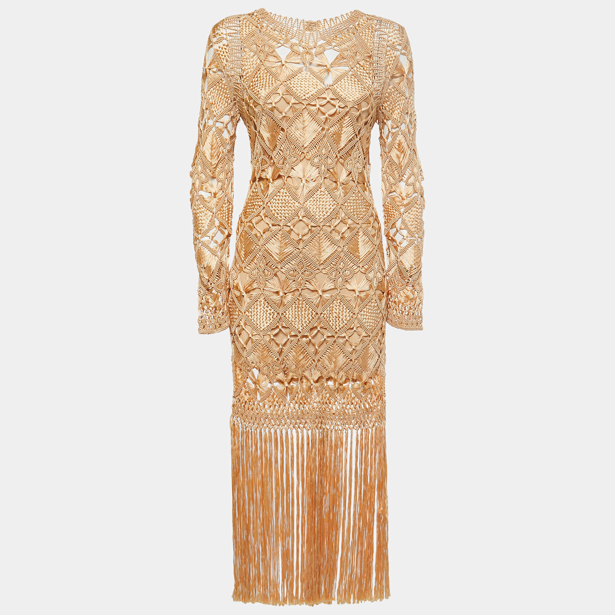 Zimmermann Gold Kaleidoscope Macrame Fringed Dress M