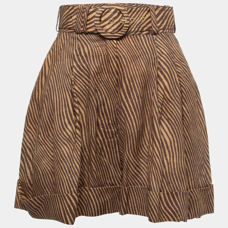 Zimmermann Brown Animal Printed Linen Belted High Waist Cuffed Shorts S