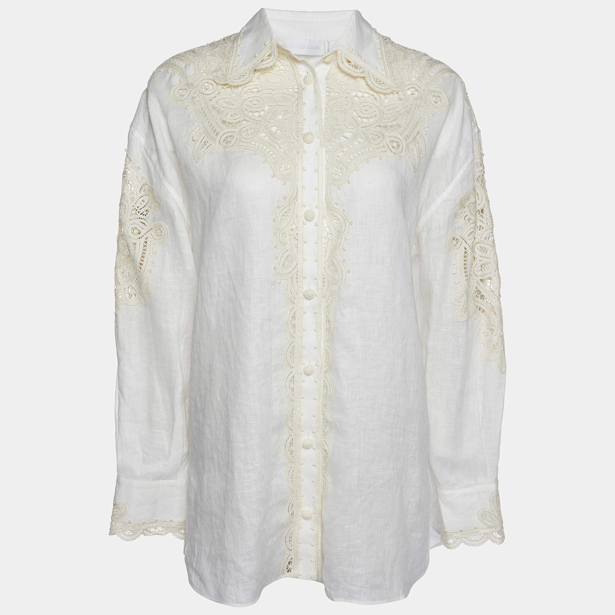 Pre Owned Zimmermann Off White Line & Lace Embroidered Laurel Shirt S