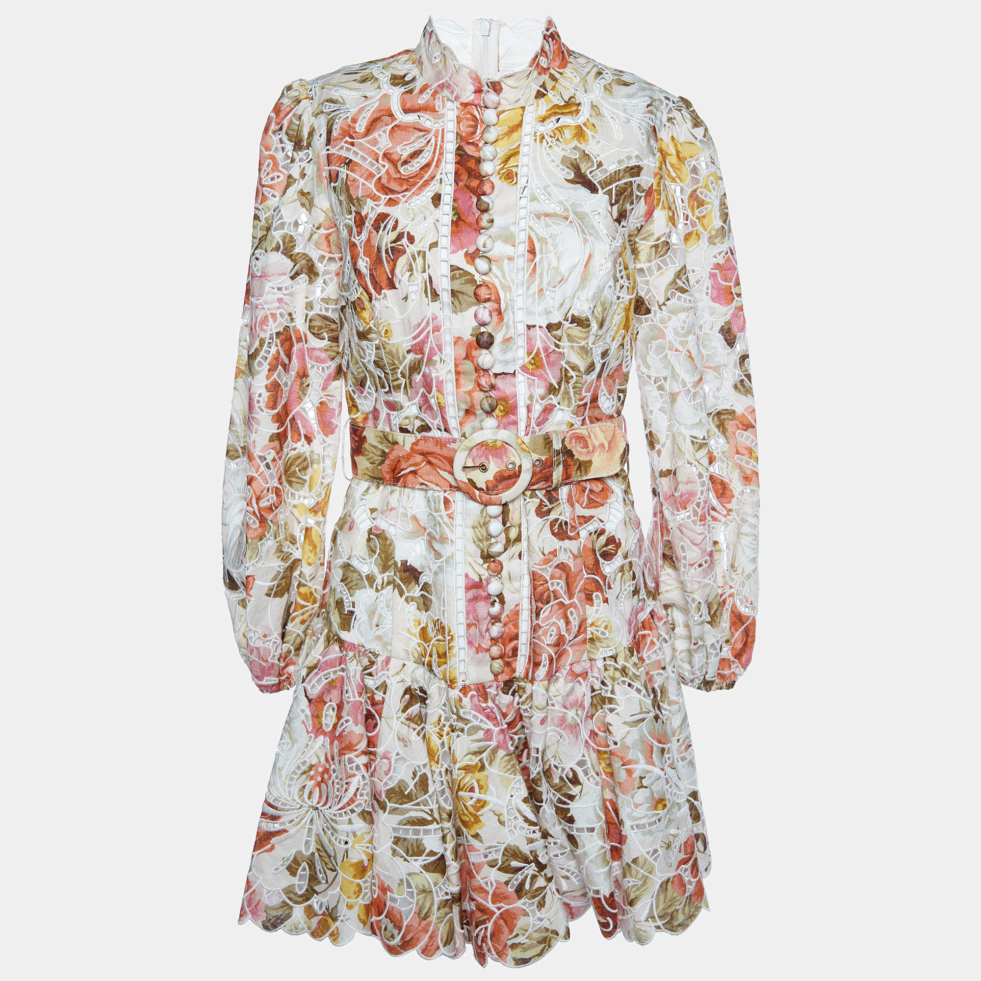 Pre Owned Zimmermann Multicolor Floral Printed Linen Bonita Embroidered Belted Mini Dress M