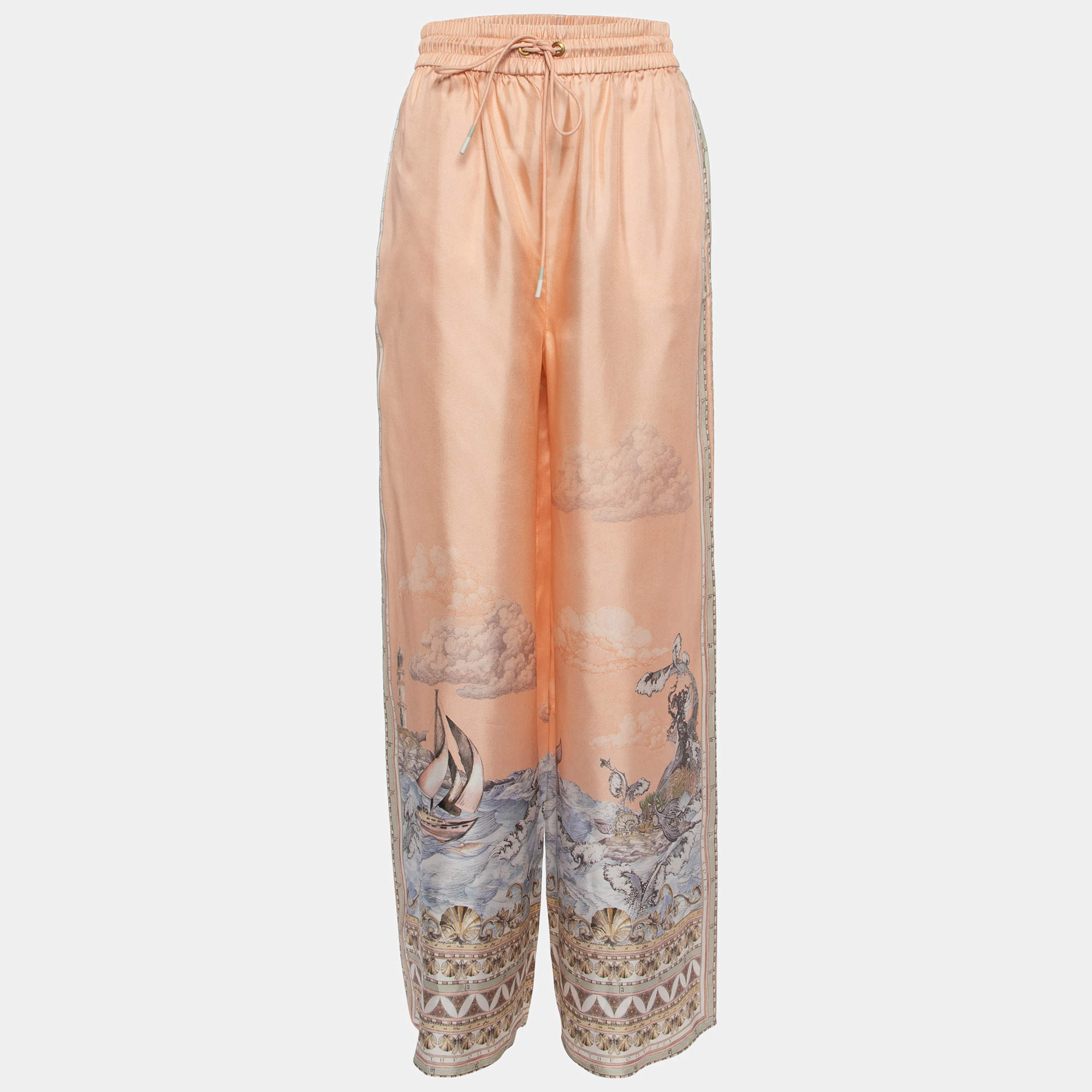 Pre Owned Zimmermann Peach Pink Odyssey Printed Silk Palazzo Pants S