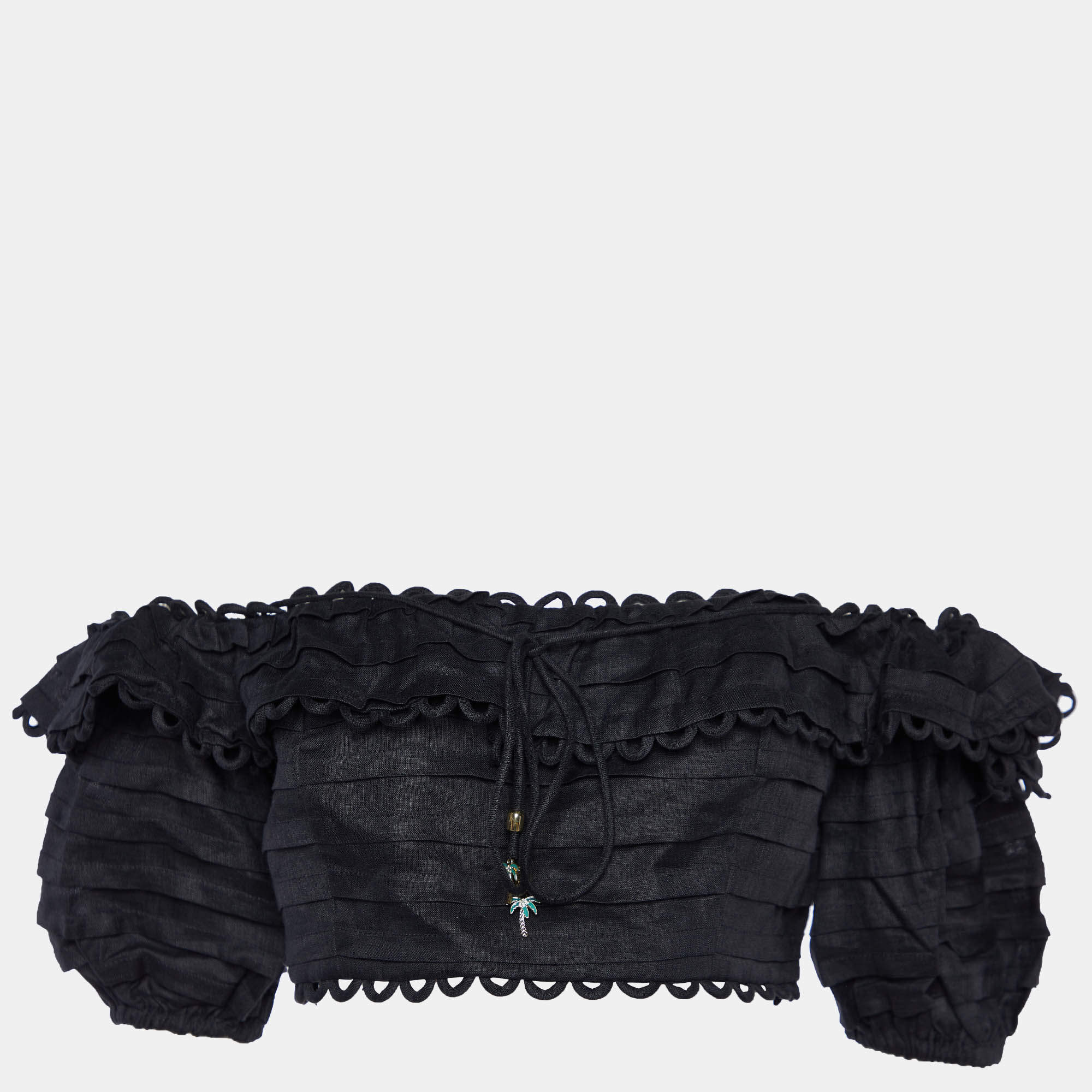 Zimmermann Black Linen Off-Shoulder Cropped Top M 