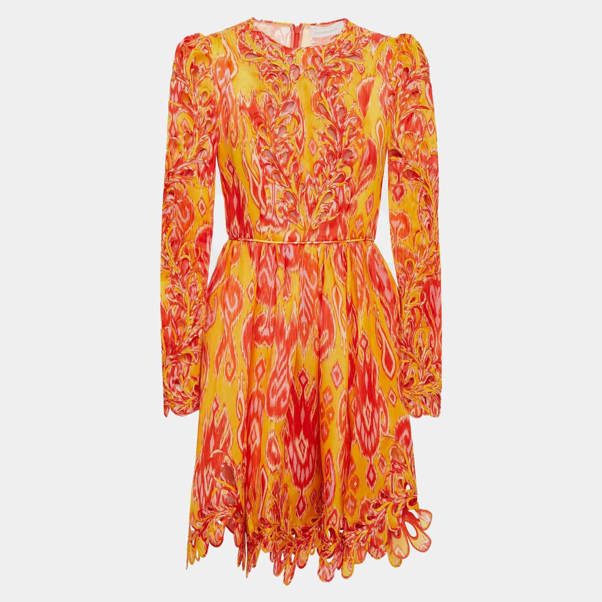 Pre Owned Zimmermann Orange/Yellow Printed Silk Mini Dress L (SIZE 3)