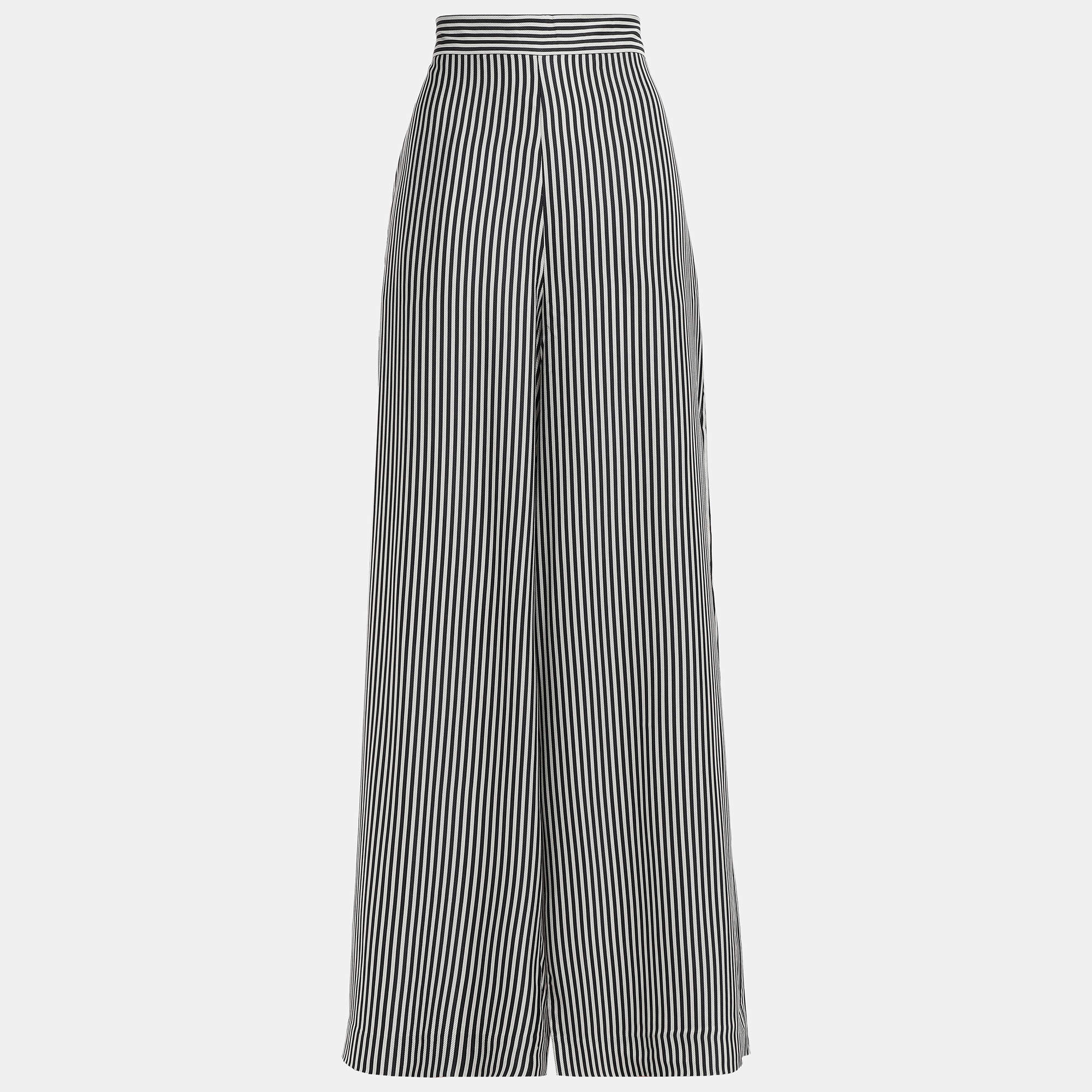Pre Owned Zimmermann Black/White Striped Silk-Blend Wide-Leg Pants S (0)